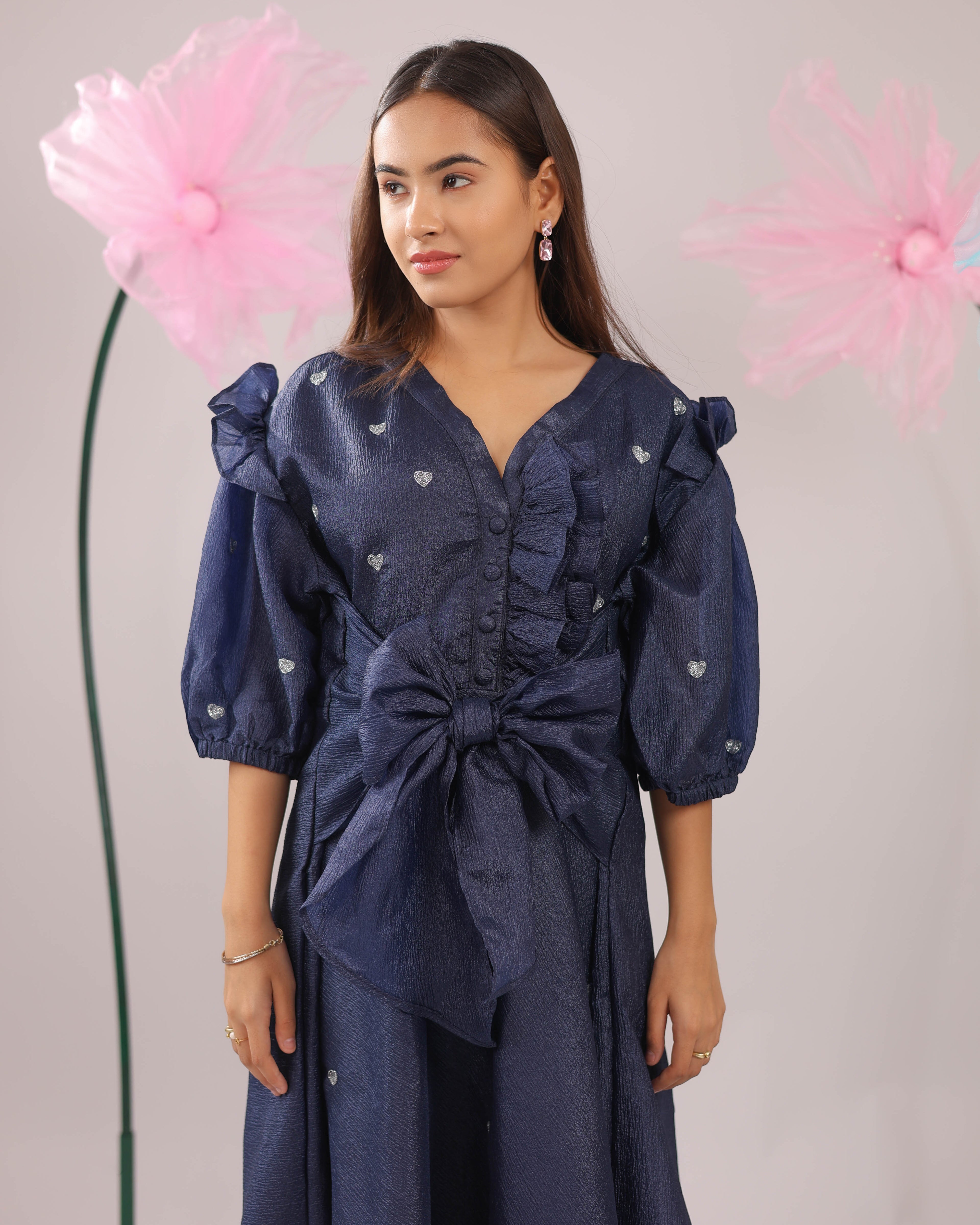 The Navy Blue Heart Knot Flared Midi Dress