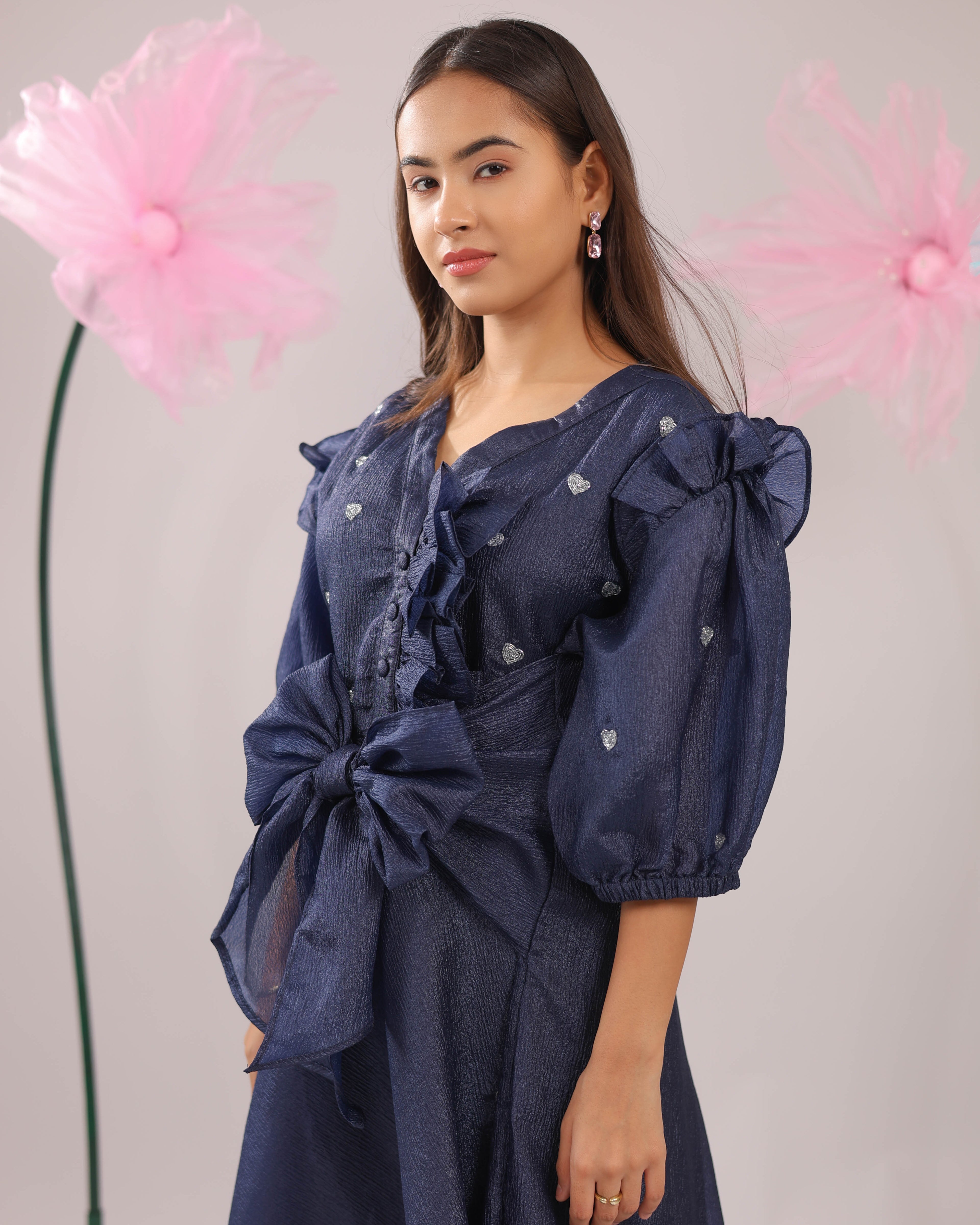 The Navy Blue Heart Knot Flared Midi Dress