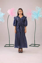 The Navy Blue Heart Knot Flared Midi Dress