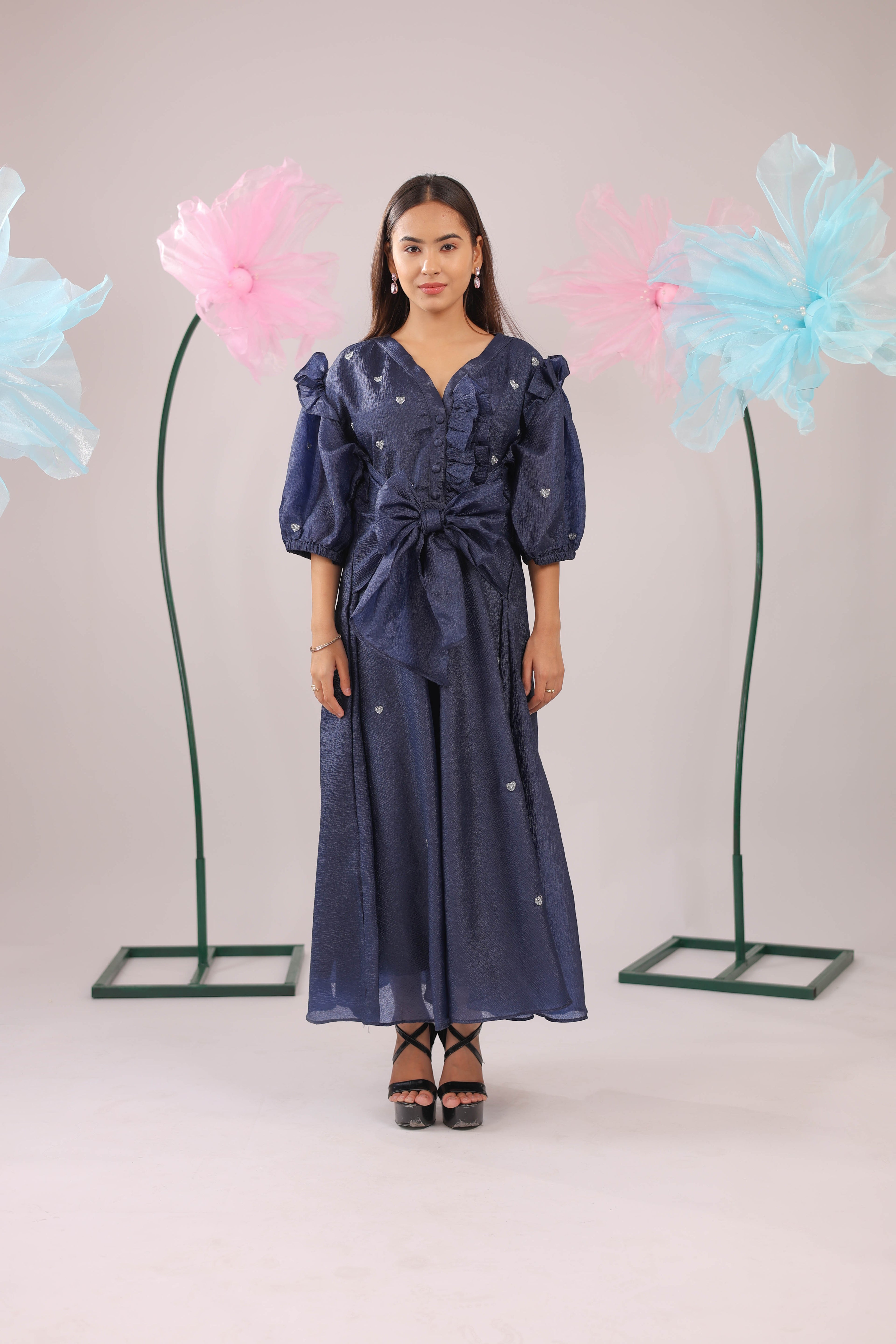 The Navy Blue Heart Knot Flared Midi Dress