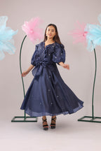 The Navy Blue Heart Knot Flared Midi Dress