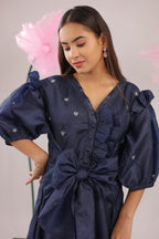 The Navy Blue Heart Knot Flared Midi Dress
