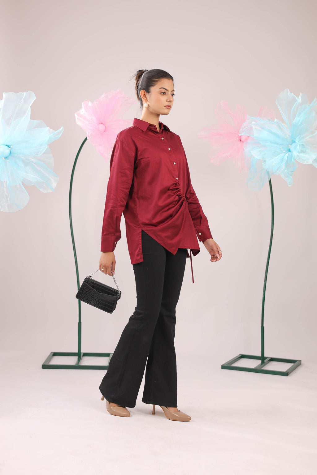 The Maroon Gathered Tie Up Cotton Shirt