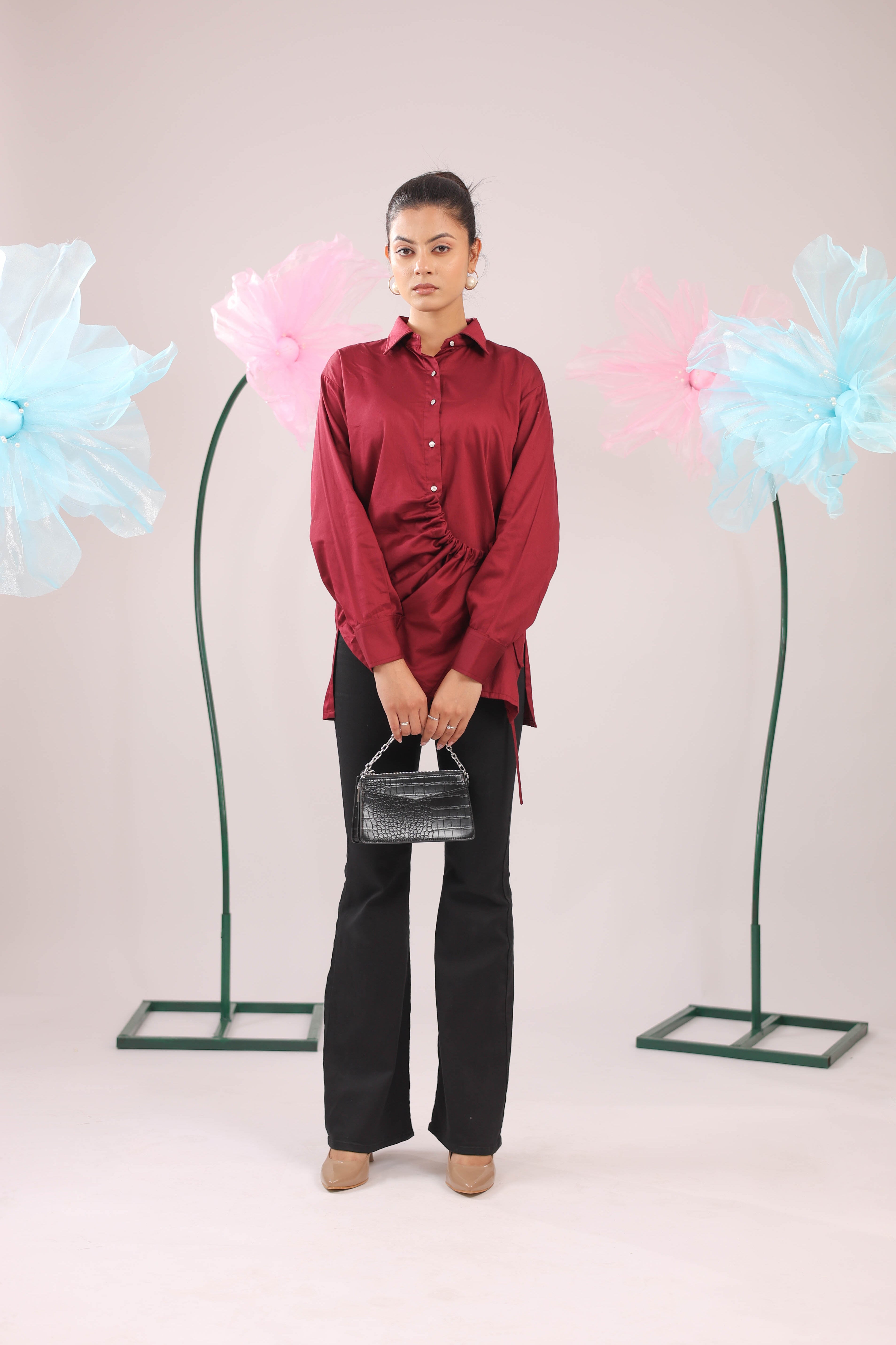 The Maroon Gathered Tie Up Cotton Shirt