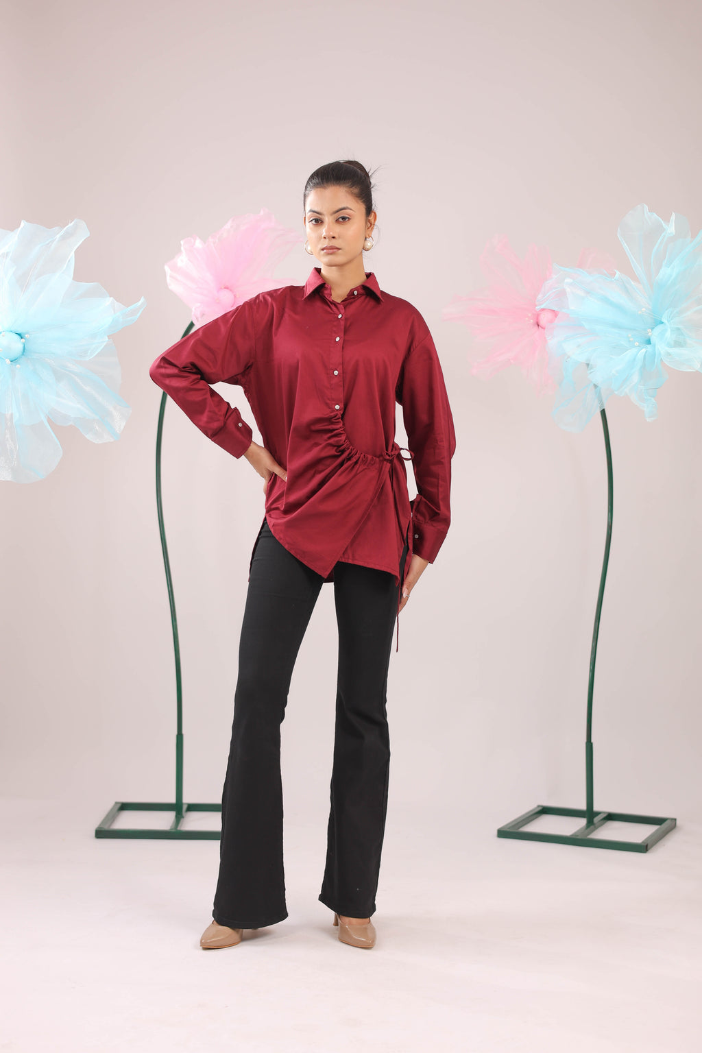 The Maroon Gathered Tie Up Cotton Shirt