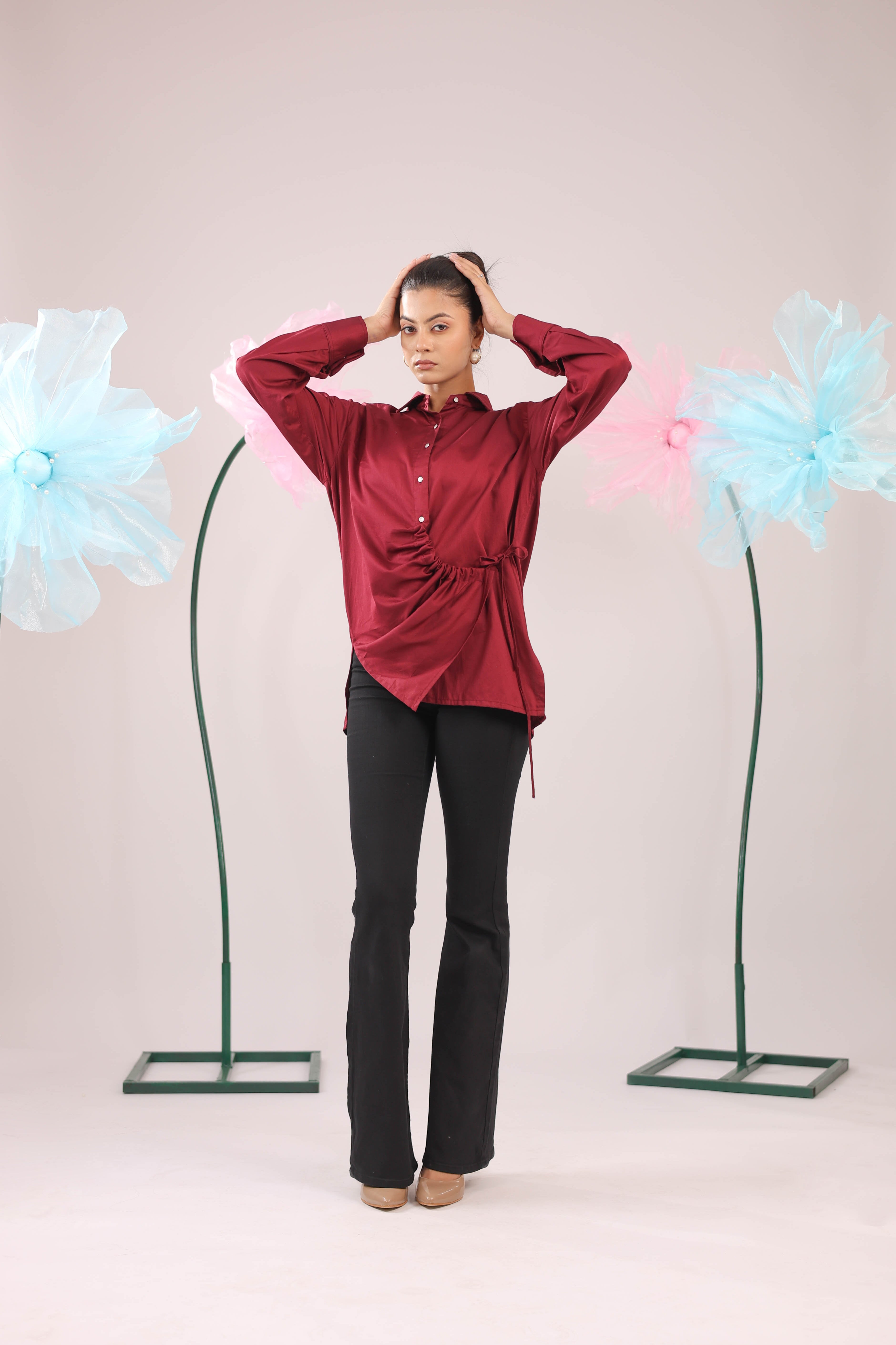 The Maroon Gathered Tie Up Cotton Shirt