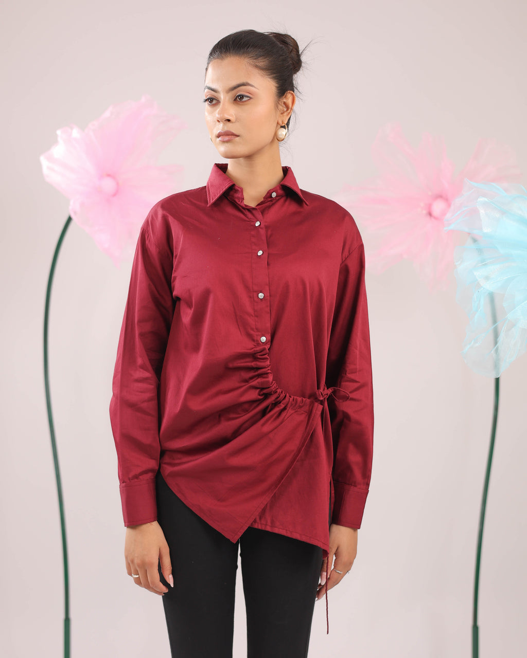 The Maroon Gathered Tie Up Cotton Shirt