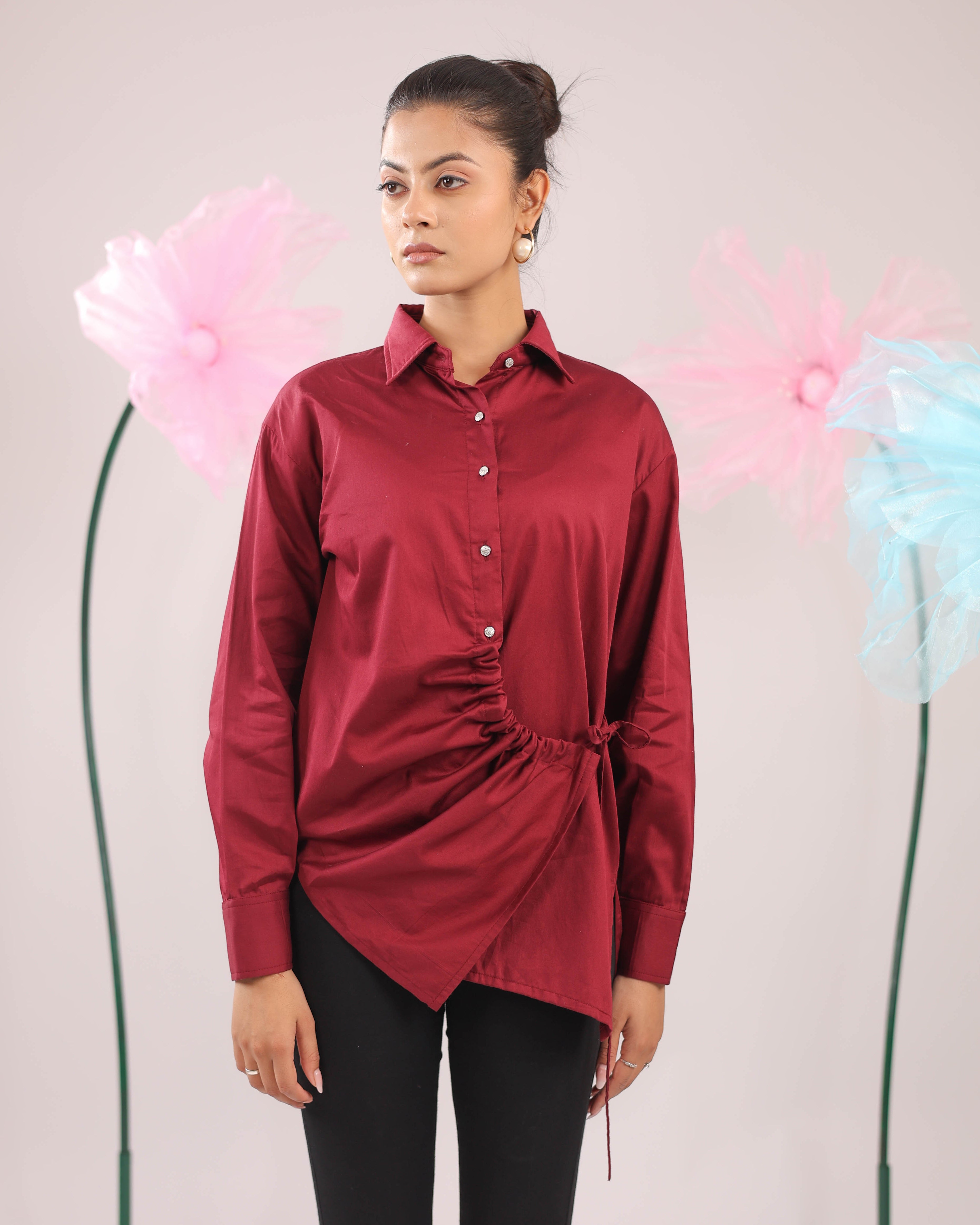 The Maroon Gathered Tie Up Cotton Shirt