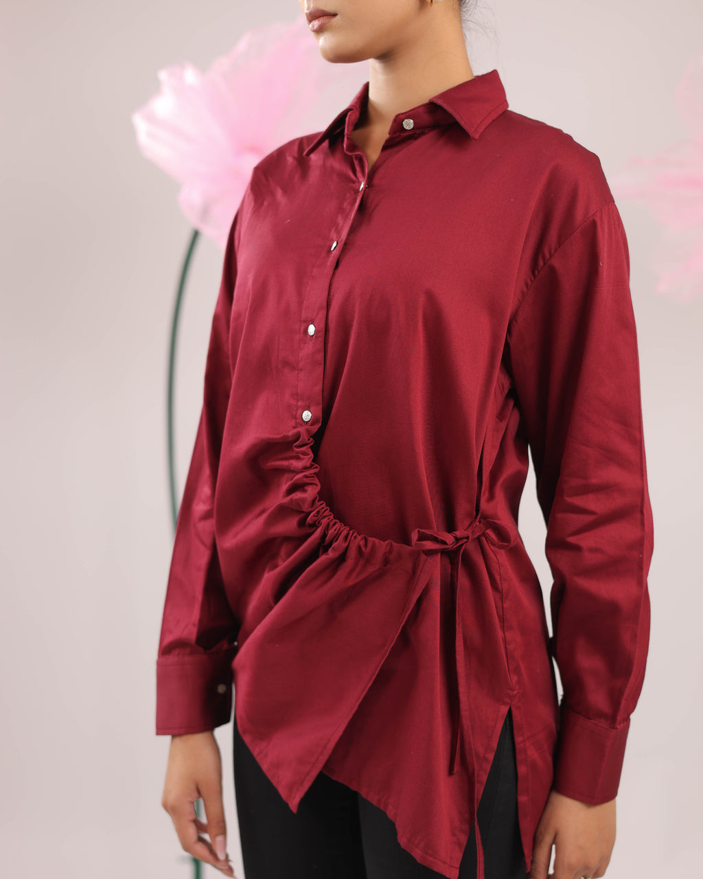The Maroon Gathered Tie Up Cotton Shirt