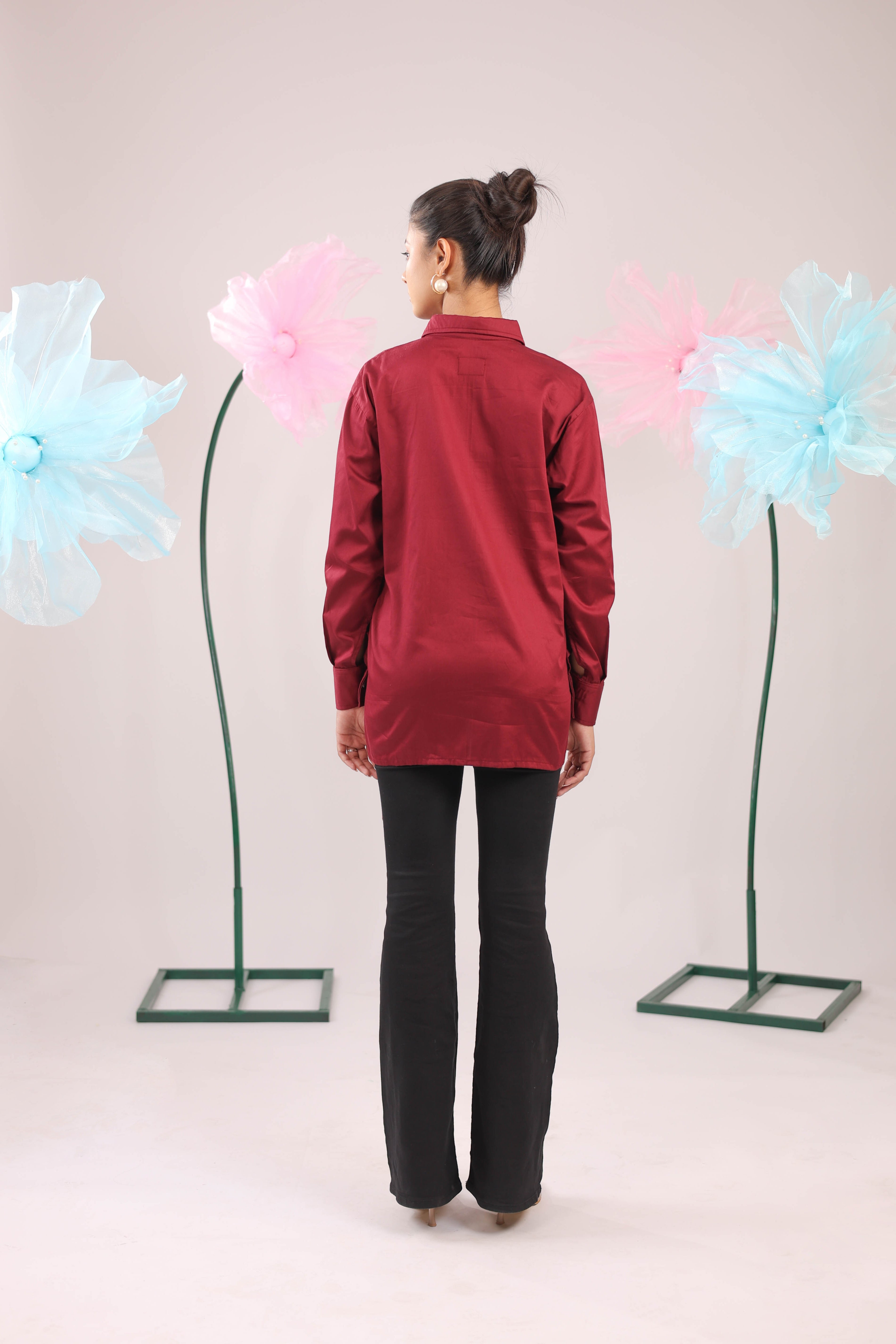 The Maroon Gathered Tie Up Cotton Shirt