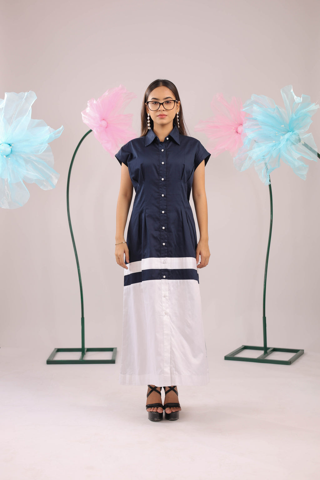 The Navy and White Colour Block Midi Cotton Dress