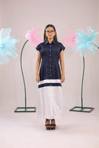 The Navy and White Colour Block Midi Cotton Dress