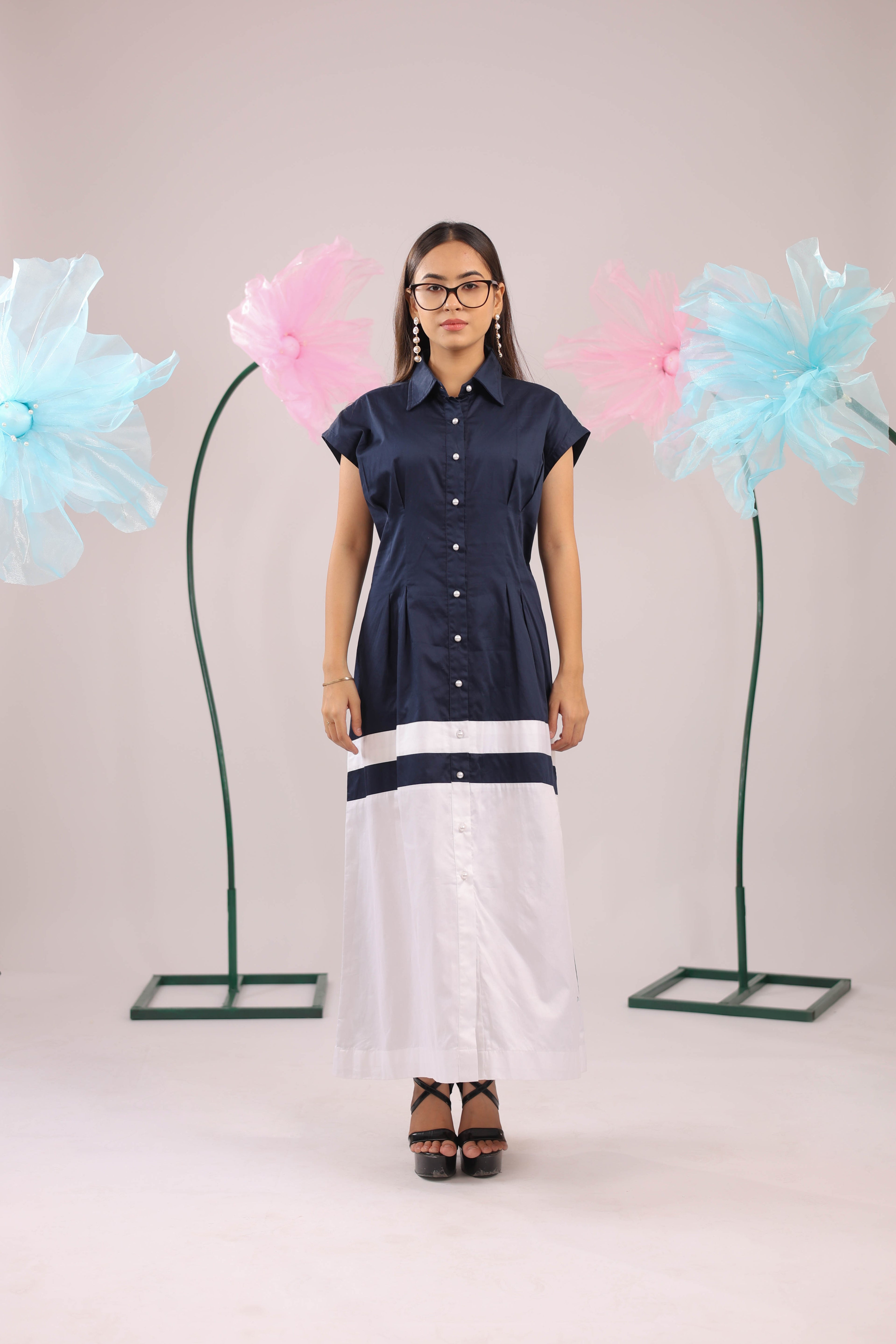 The Navy and White Colour Block Midi Cotton Dress