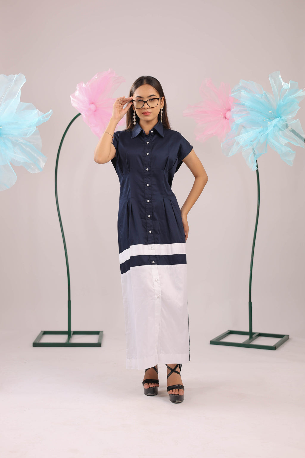 The Navy and White Colour Block Midi Cotton Dress