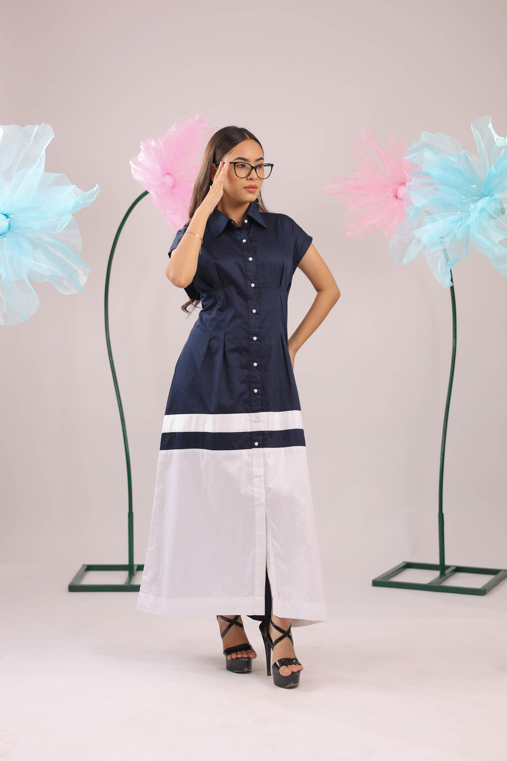 The Navy and White Colour Block Midi Cotton Dress