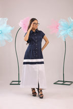 The Navy and White Colour Block Midi Cotton Dress