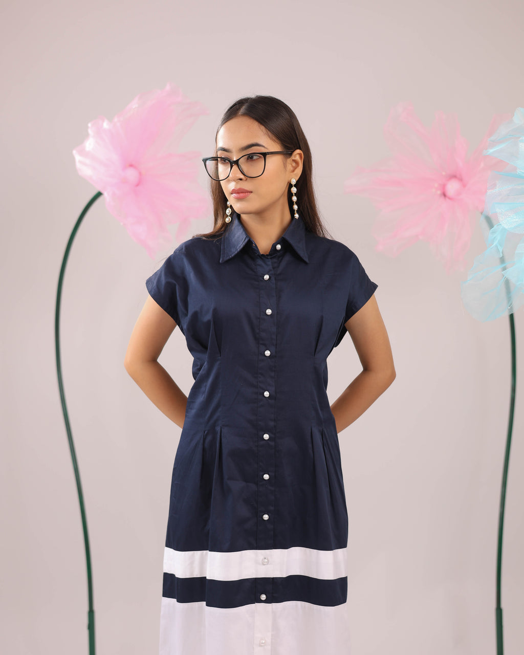 The Navy and White Colour Block Midi Cotton Dress