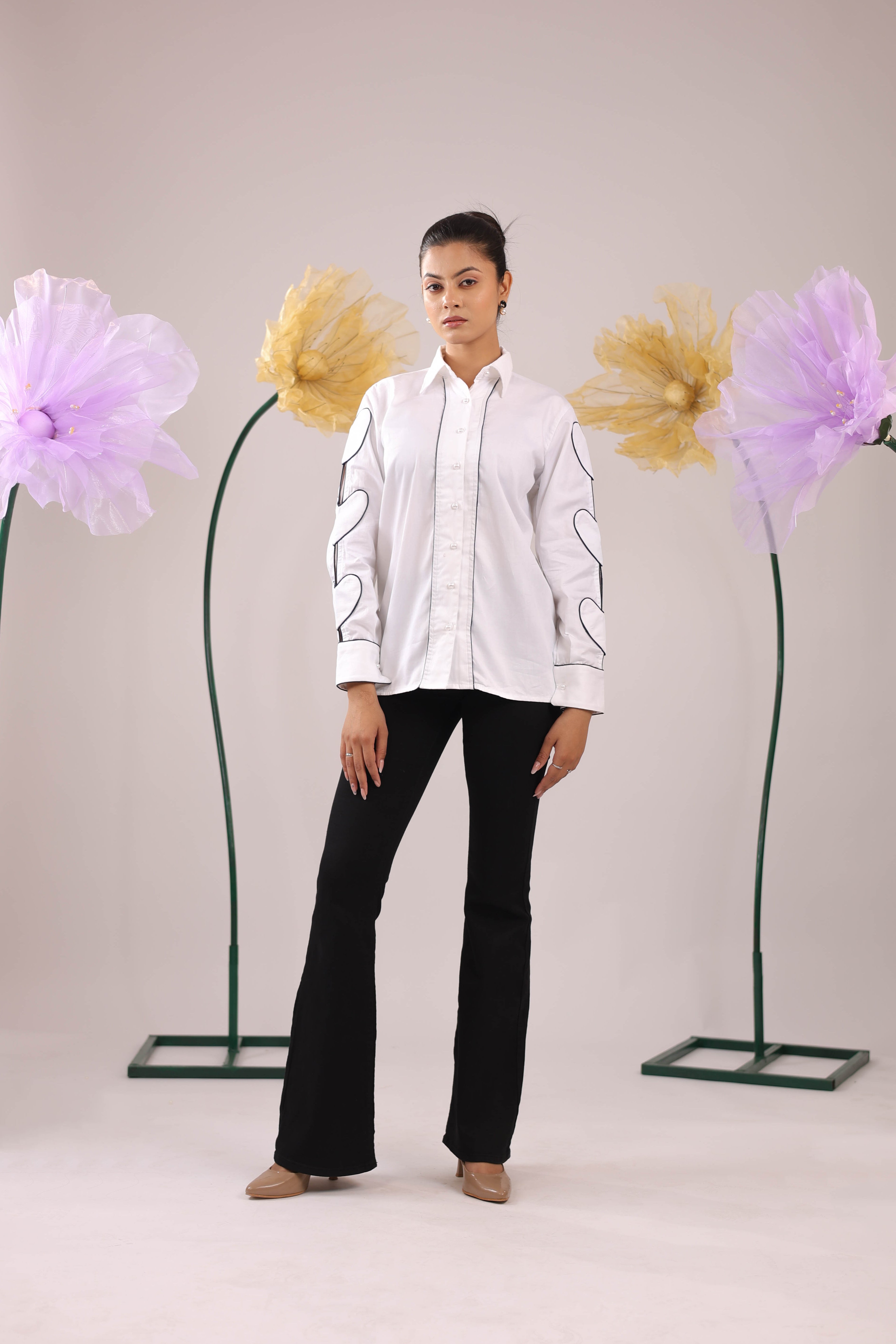 The White Heart Sleeve Cotton Shirt with Wide Placket