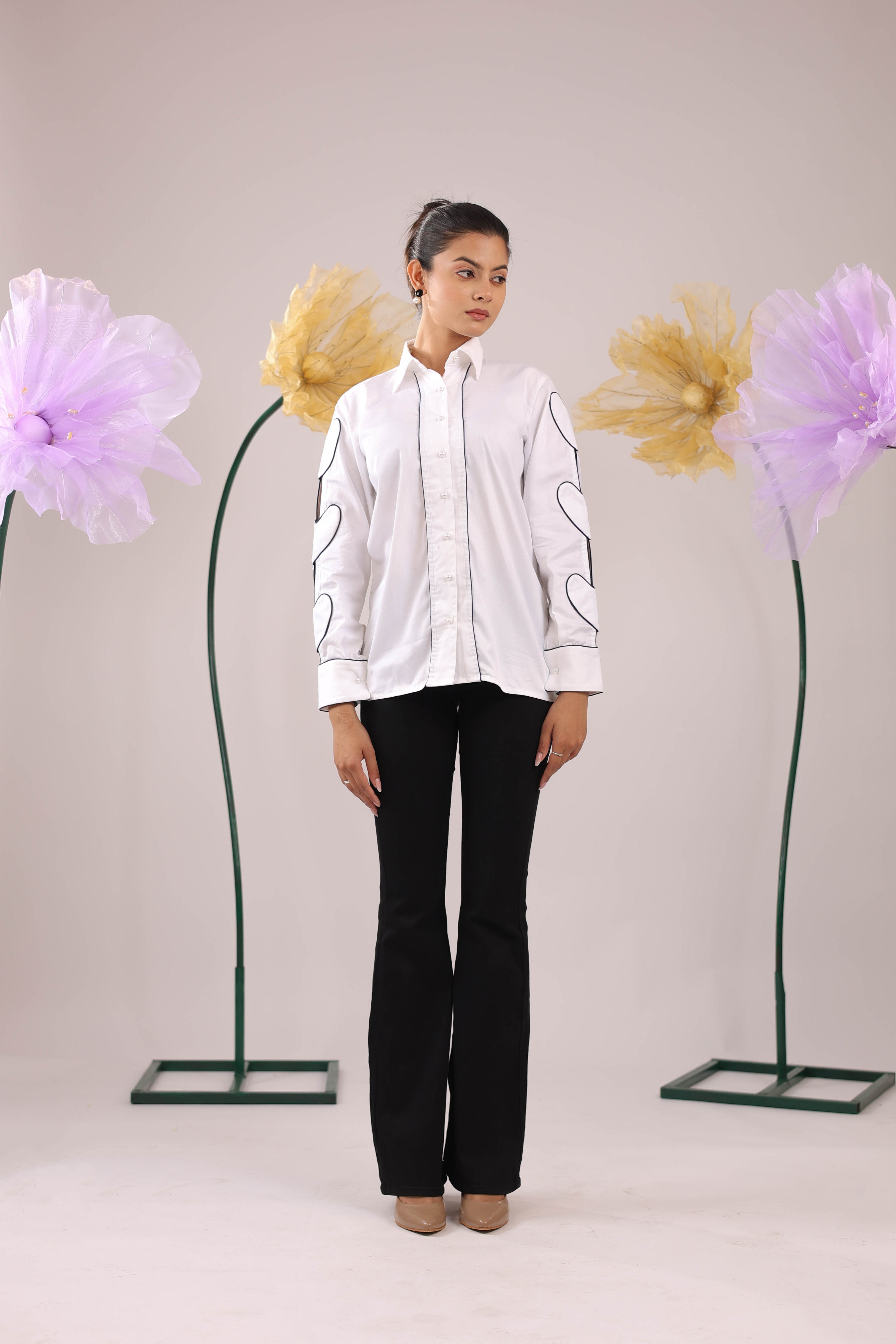 The White Heart Sleeve Cotton Shirt with Wide Placket