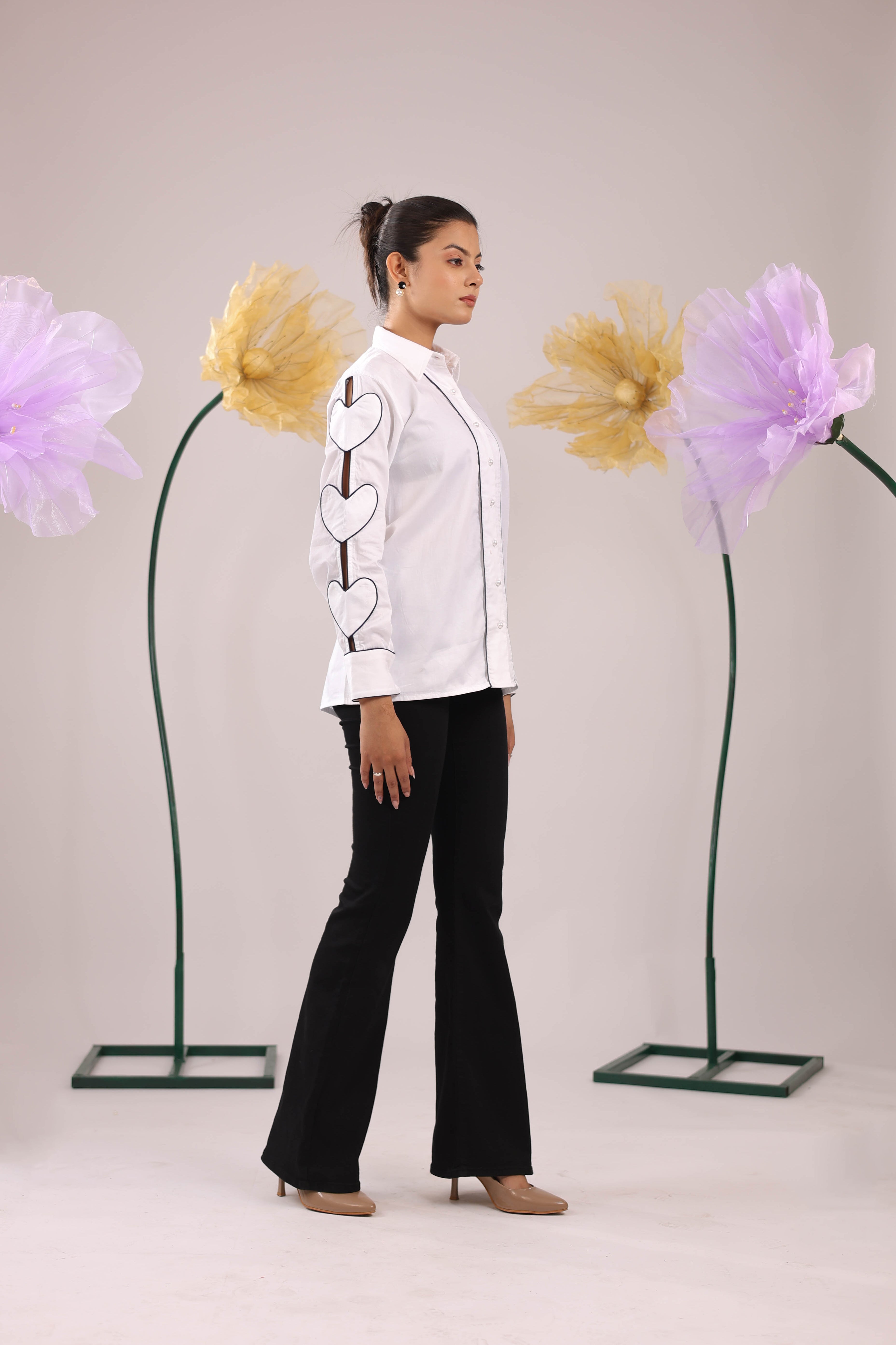 The White Heart Sleeve Cotton Shirt with Wide Placket