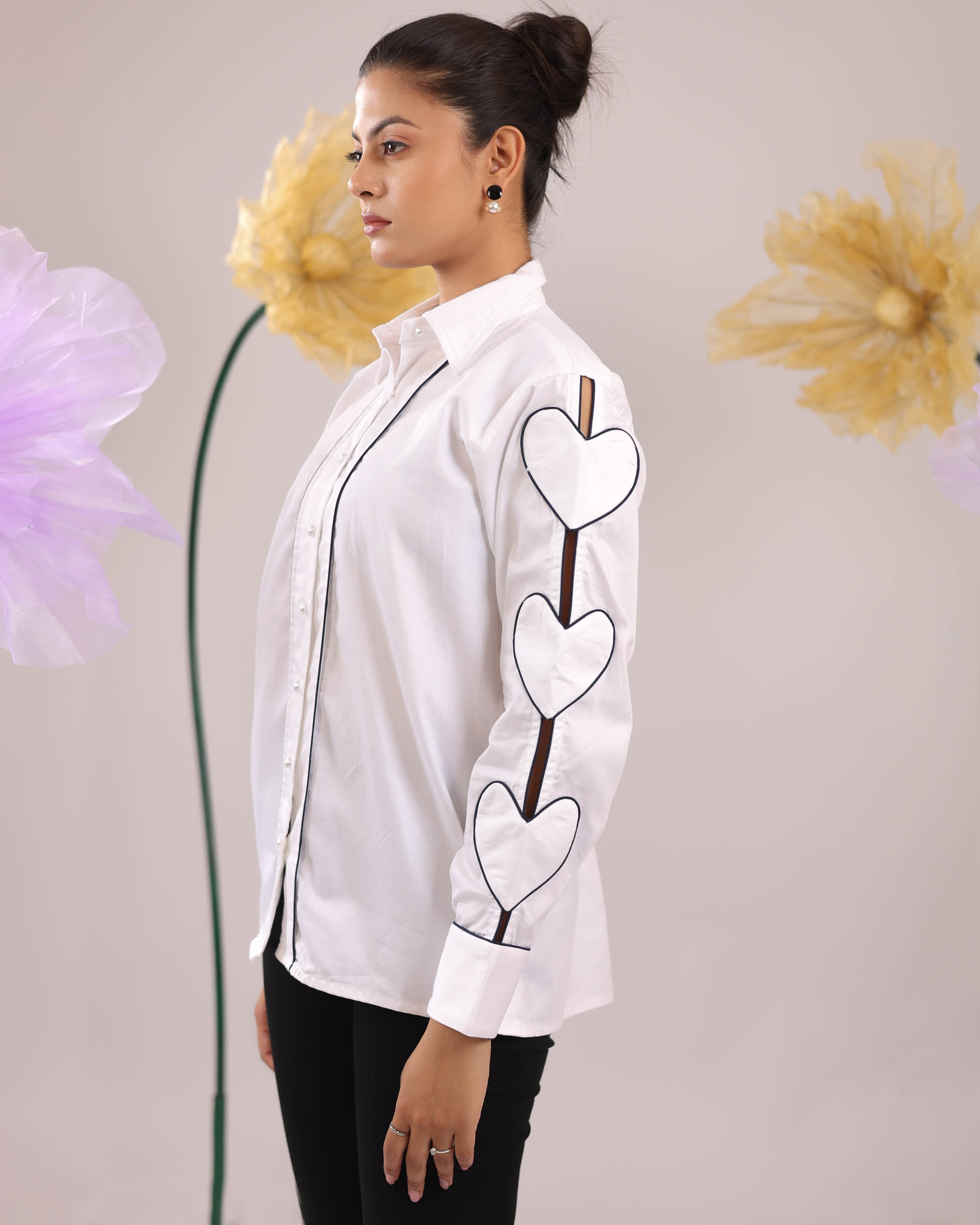 The White Heart Sleeve Cotton Shirt with Wide Placket