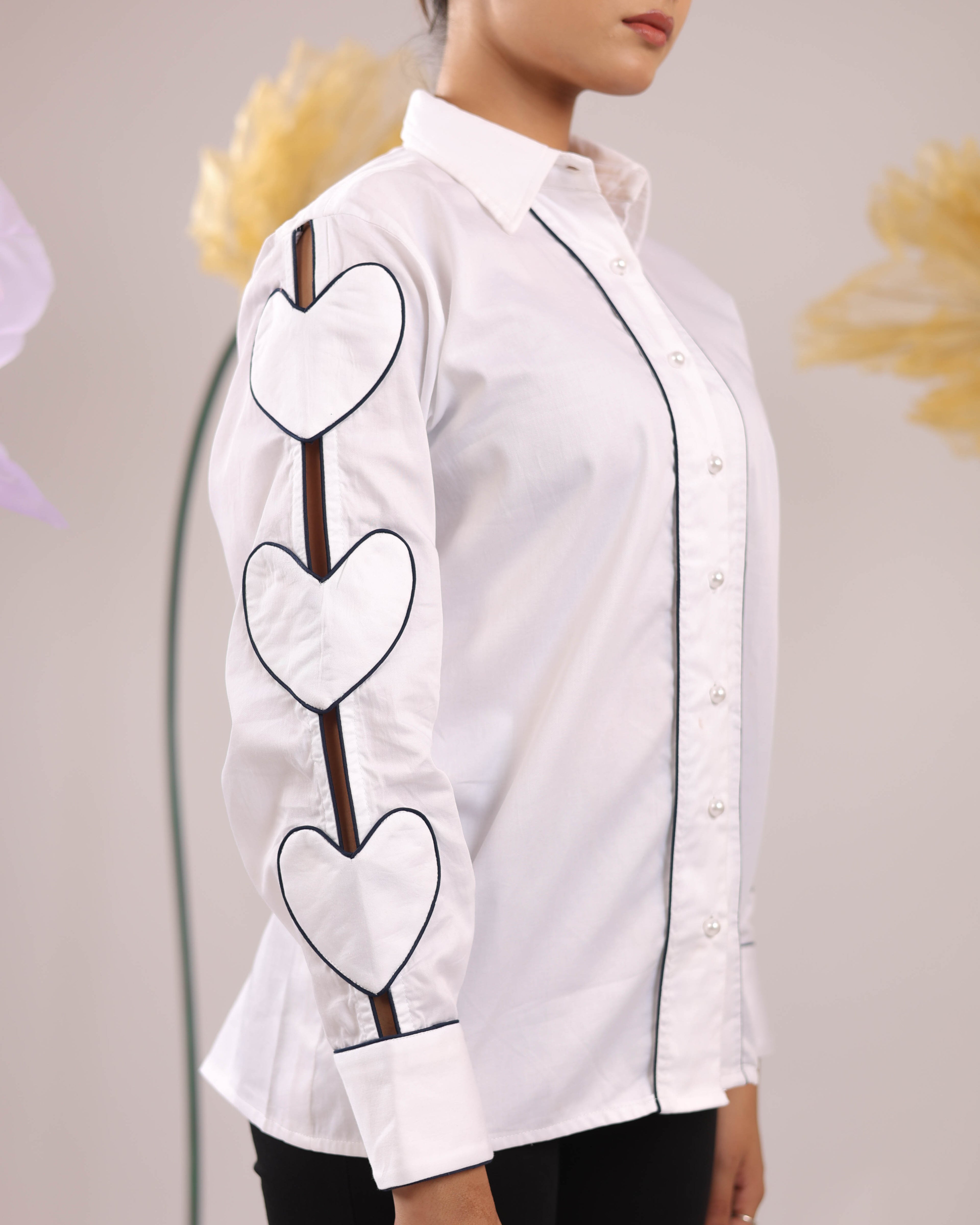 The White Heart Sleeve Cotton Shirt with Wide Placket
