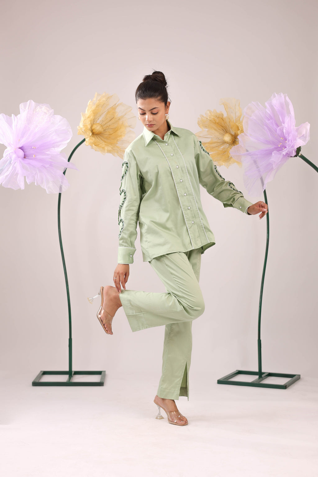 The Mint Green Heart Sleeve Embellished Cotton Shirt