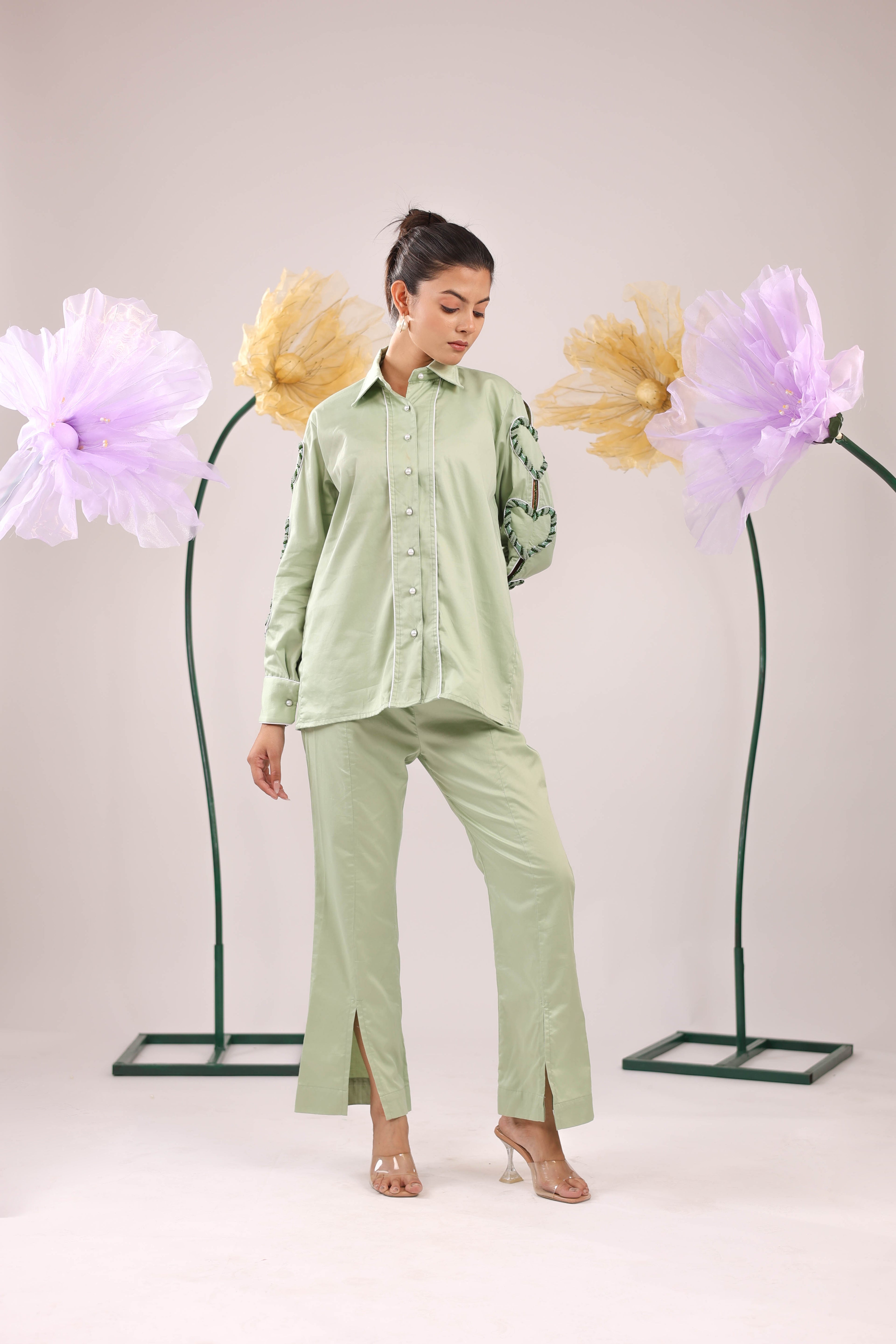 The Mint Green Heart Sleeve Embellished Cotton Shirt