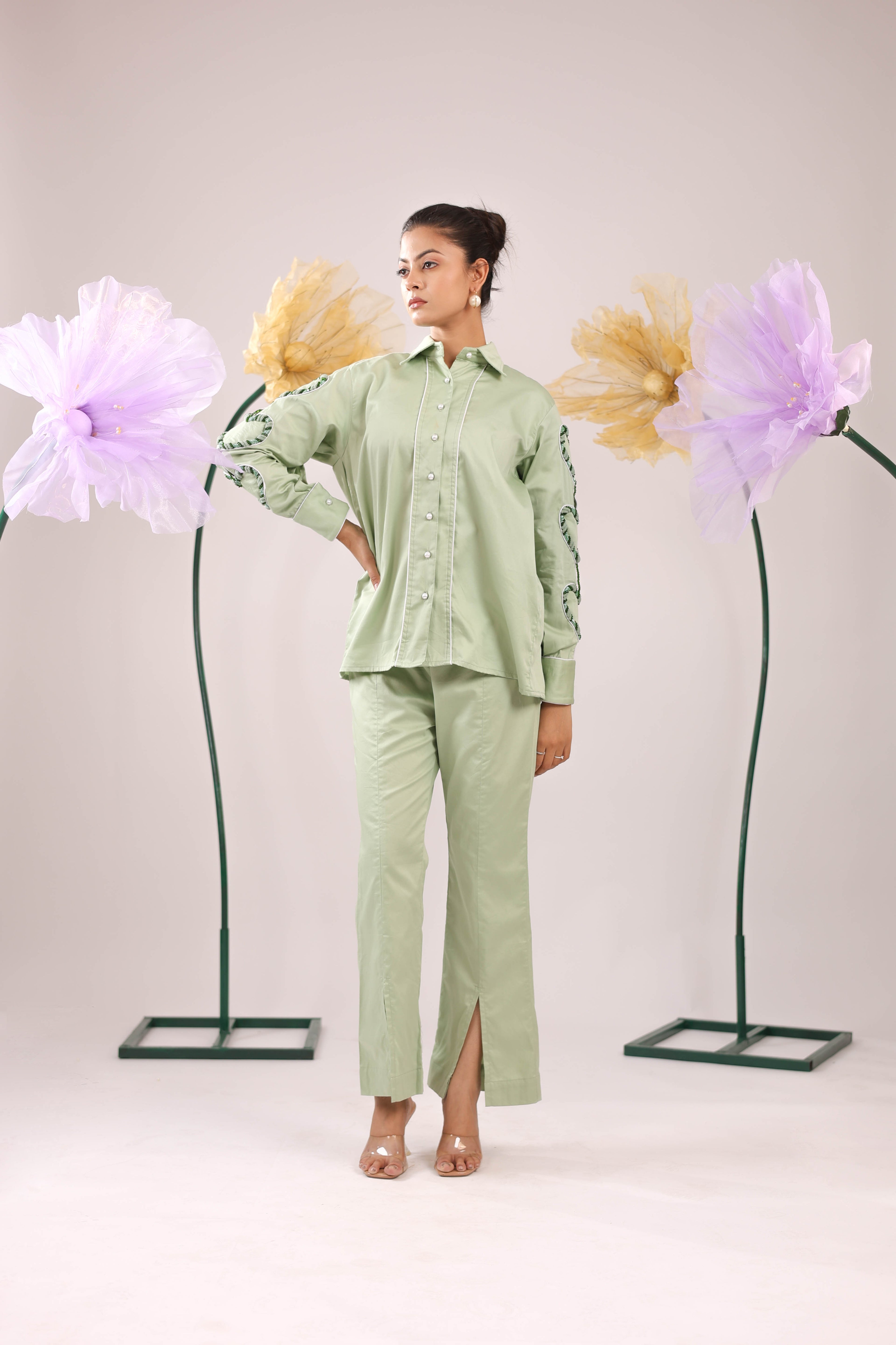 The Mint Green Heart Sleeve Embellished Cotton Shirt