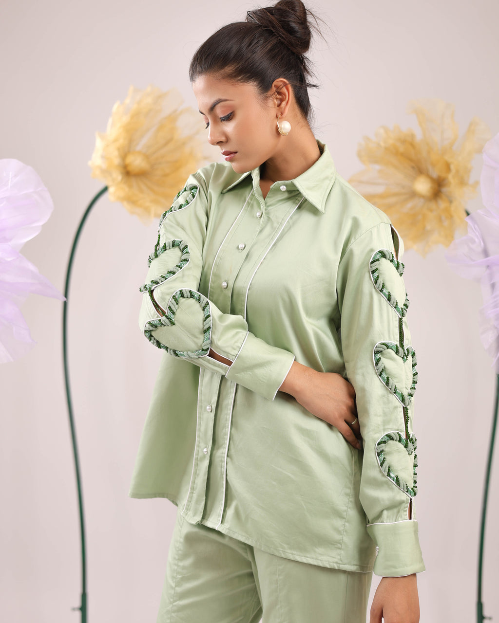 The Mint Green Heart Sleeve Embellished Cotton Shirt