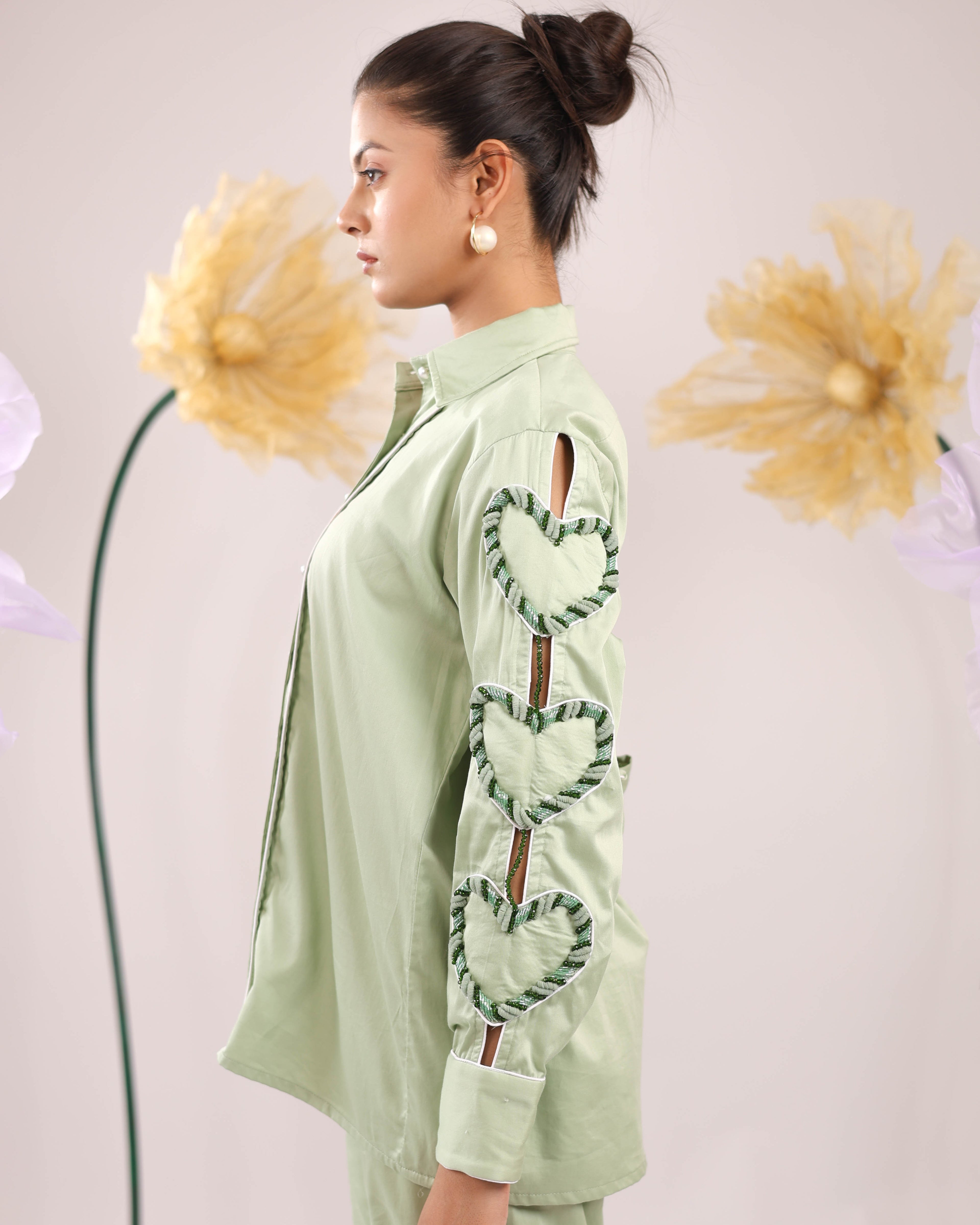 The Mint Green Heart Sleeve Embellished Cotton Shirt