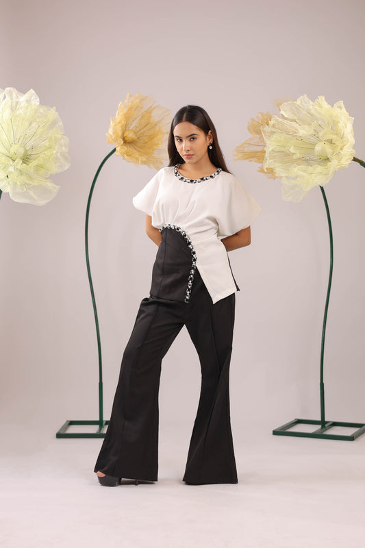 The White And Black Embellished Drape Co-ord Set