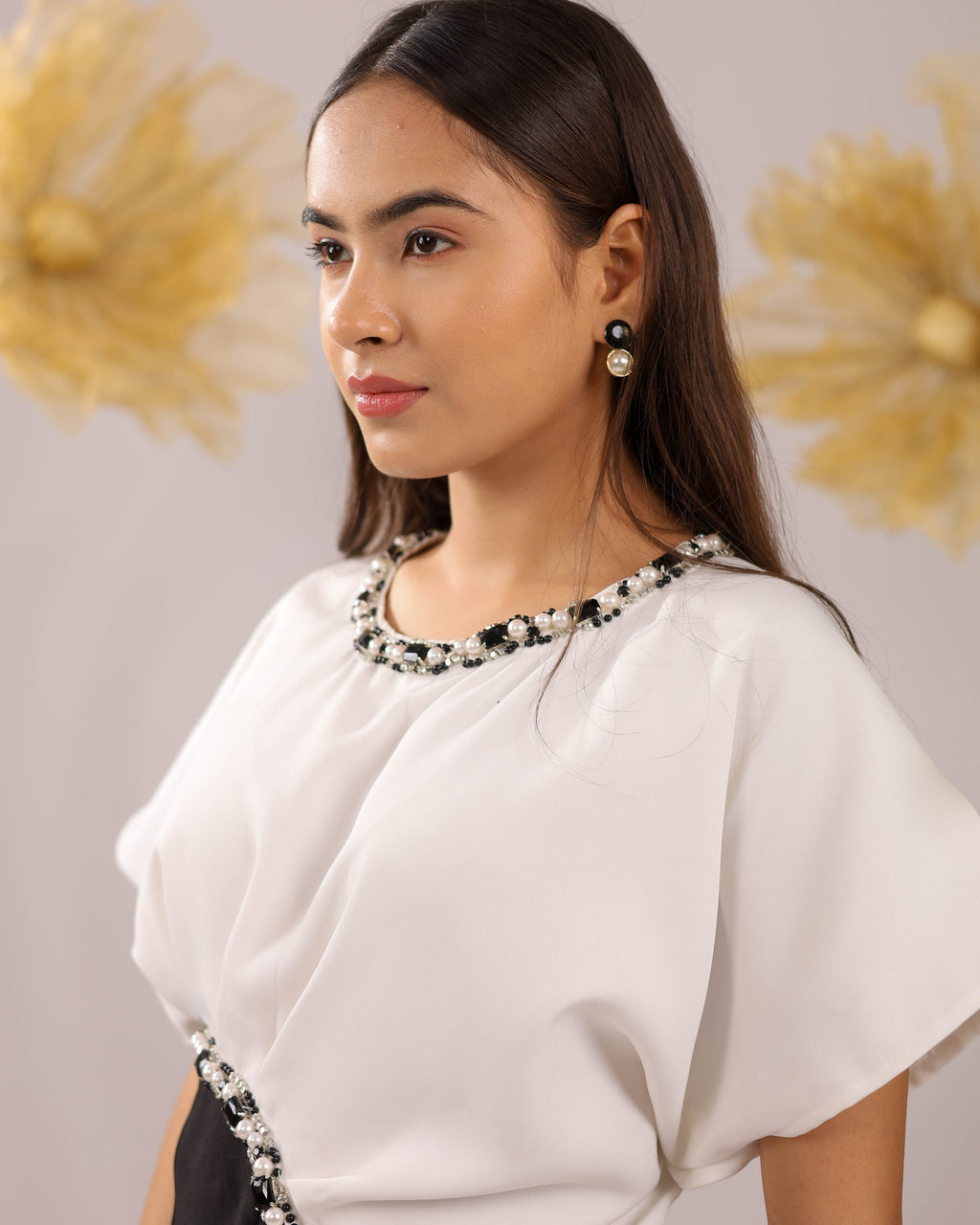 The White And Black Embellished Drape Co-ord Set