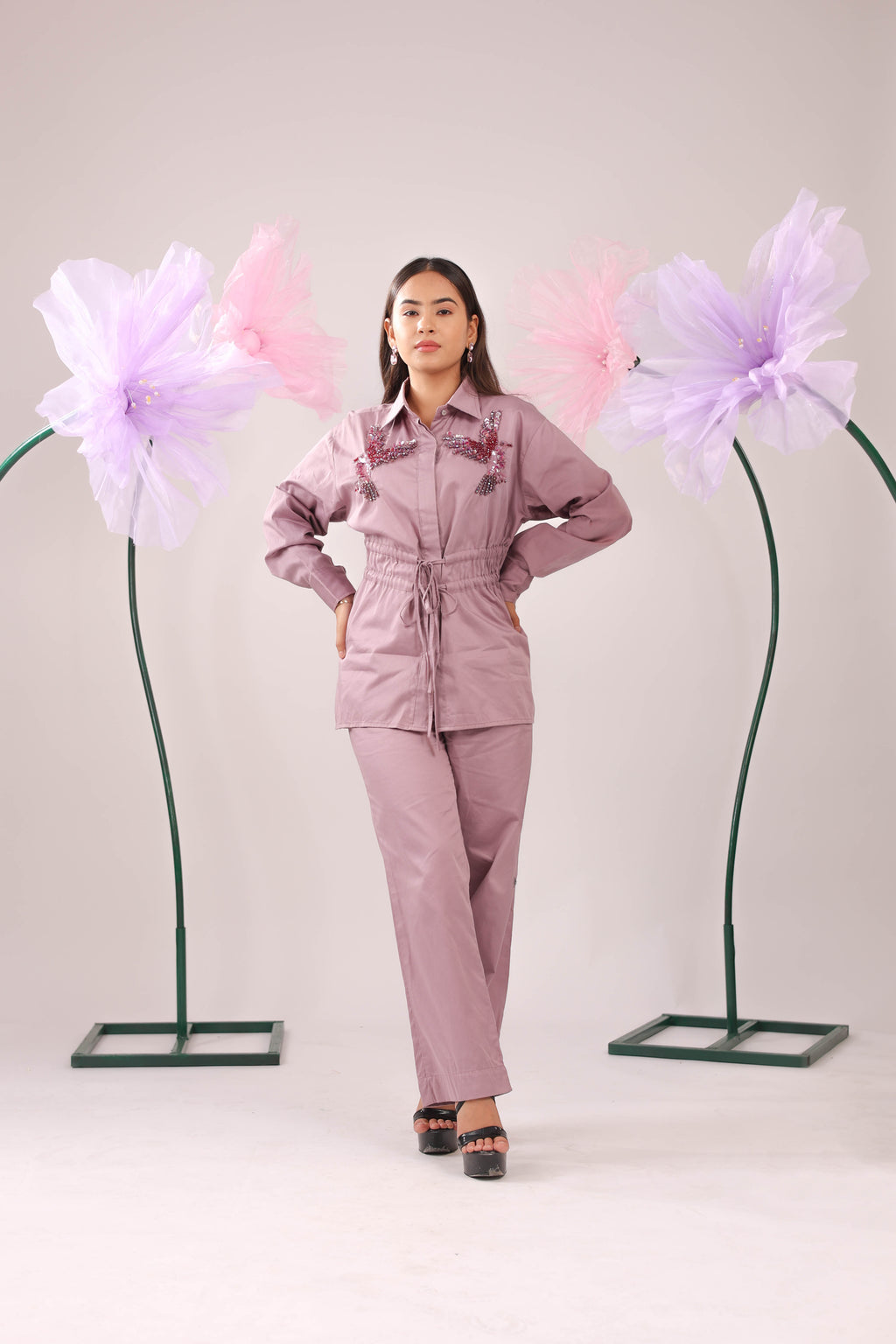 The Pink Clay Tie-Up Cotton Shirt with Bird Embellishments
