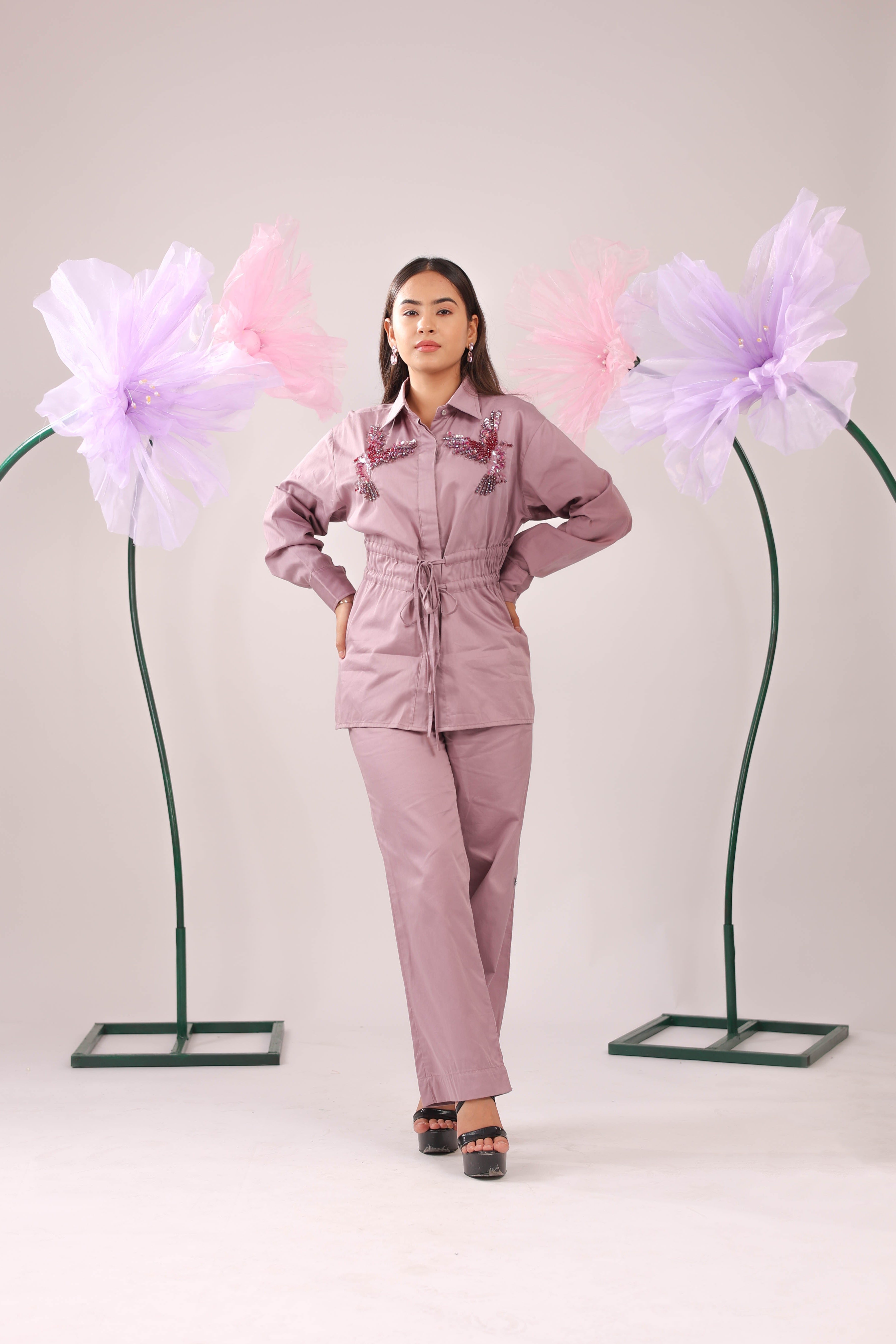 The Pink Clay Tie-Up Cotton Shirt with Bird Embellishments