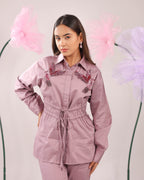 The Pink Clay Tie-Up Cotton Shirt with Bird Embellishments