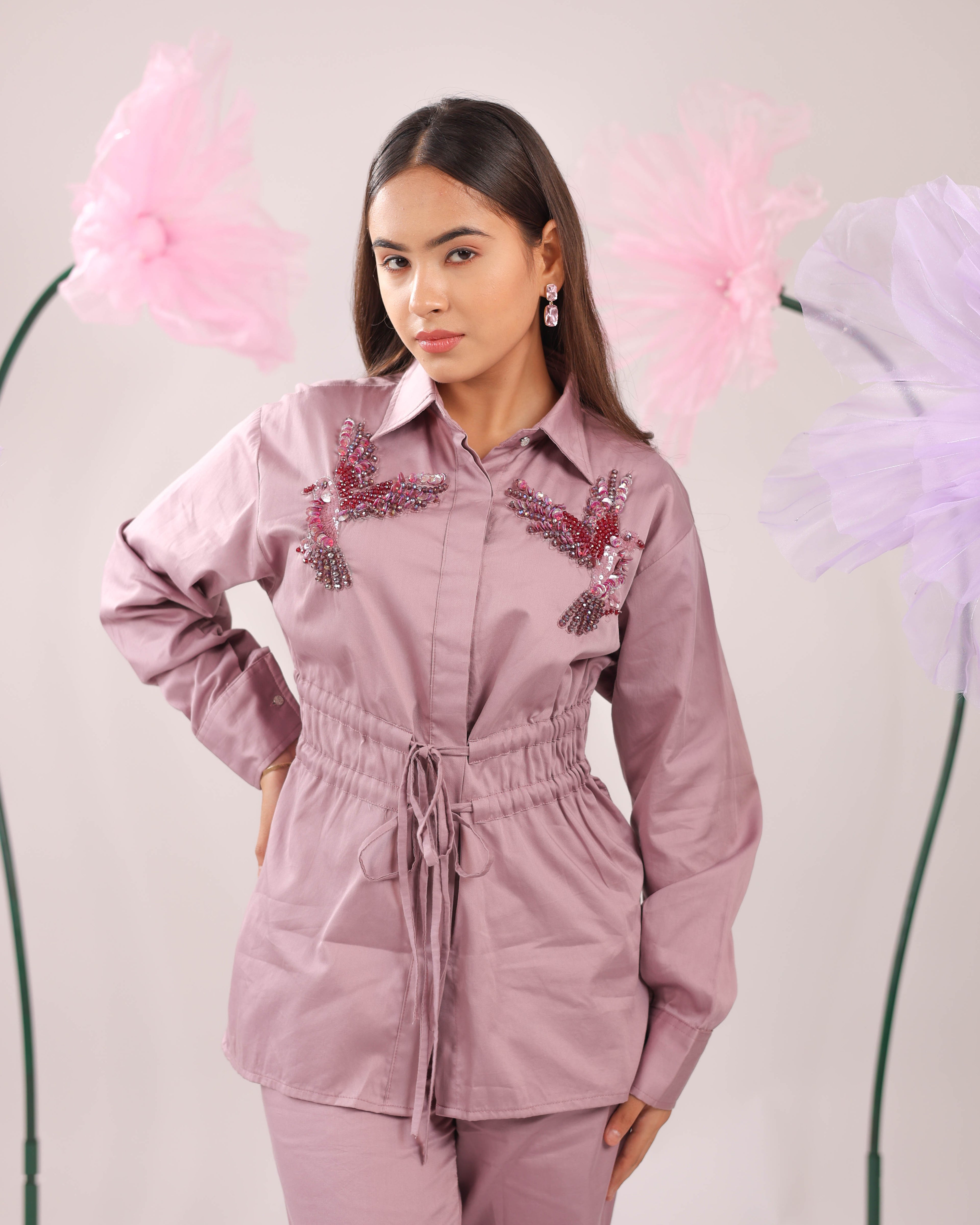 The Pink Clay Tie-Up Cotton Shirt with Bird Embellishments