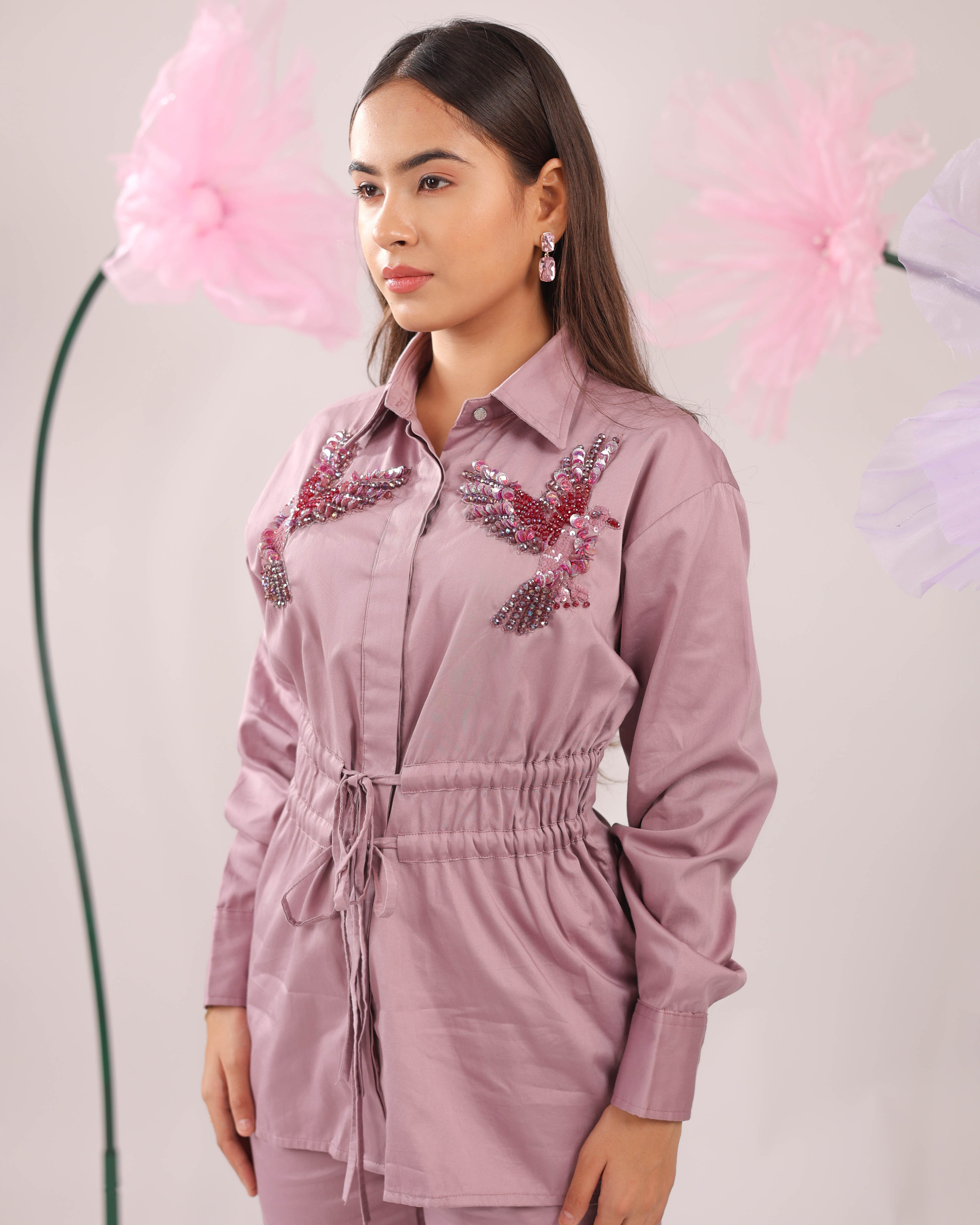 The Pink Clay Tie-Up Cotton Shirt with Bird Embellishments