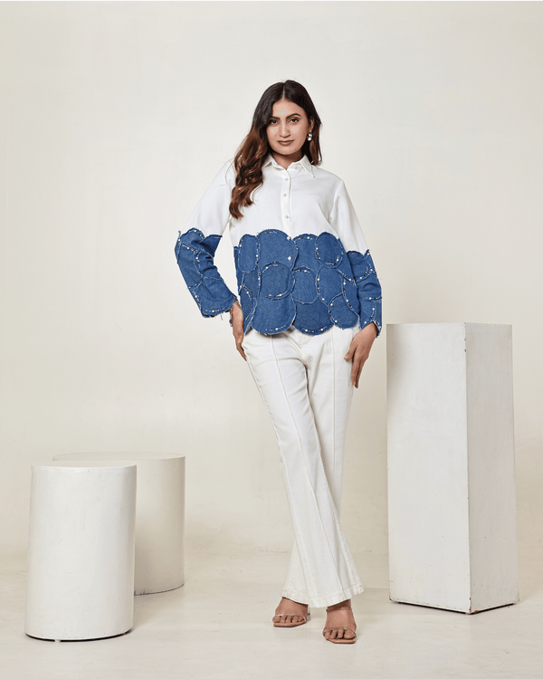 The White & Dark Denim Blue Colour Block 3D Circle Embellished Shirt