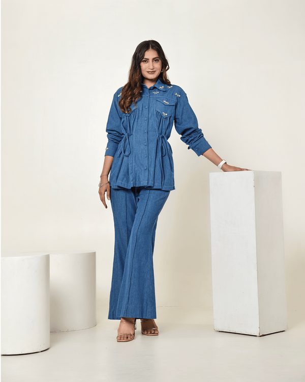 The Dark Denim Bow Embellished Tie Up Shirt