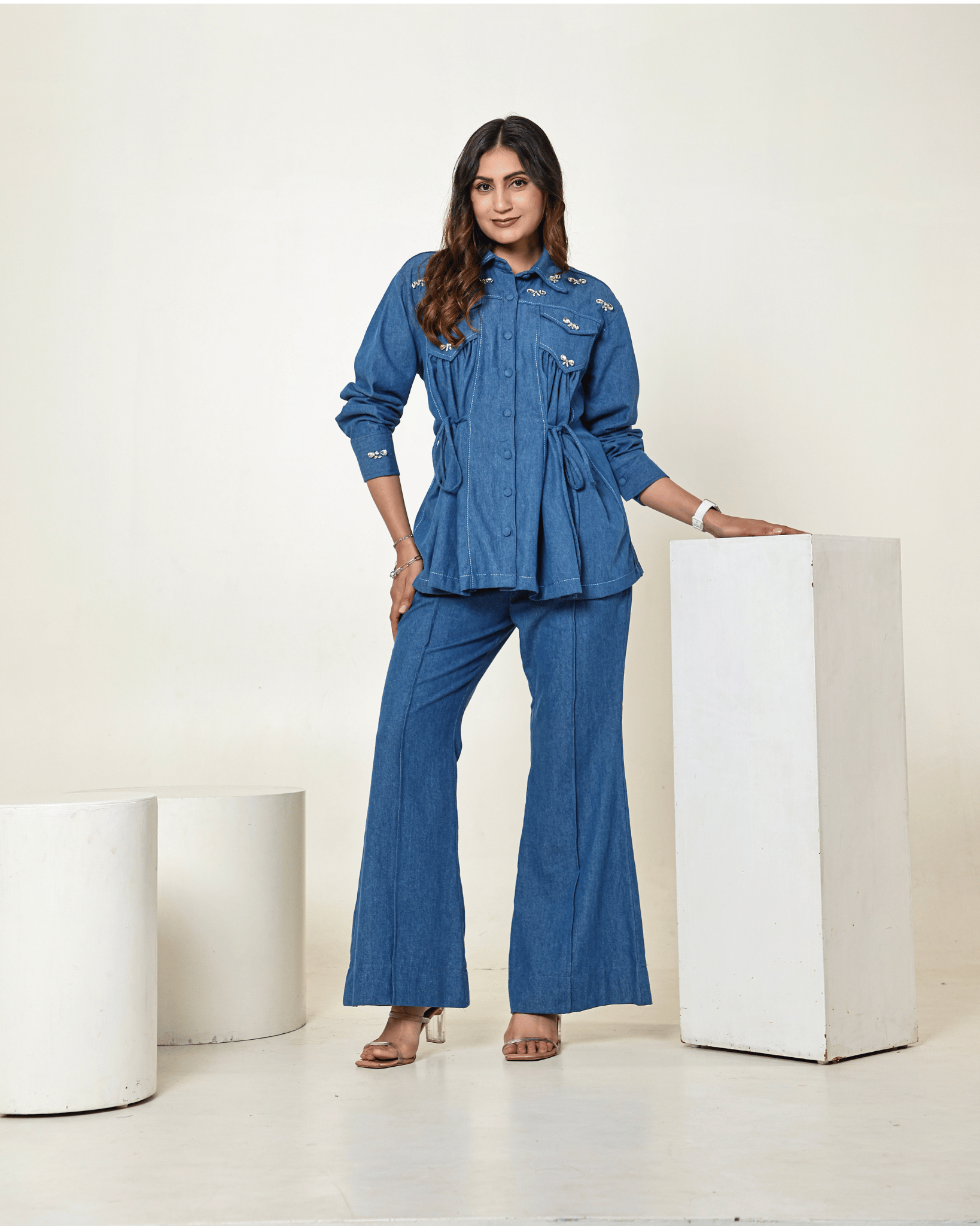 The Dark Denim Bow Embellished Tie Up Shirt with High Waisted Bell Bottom Pants