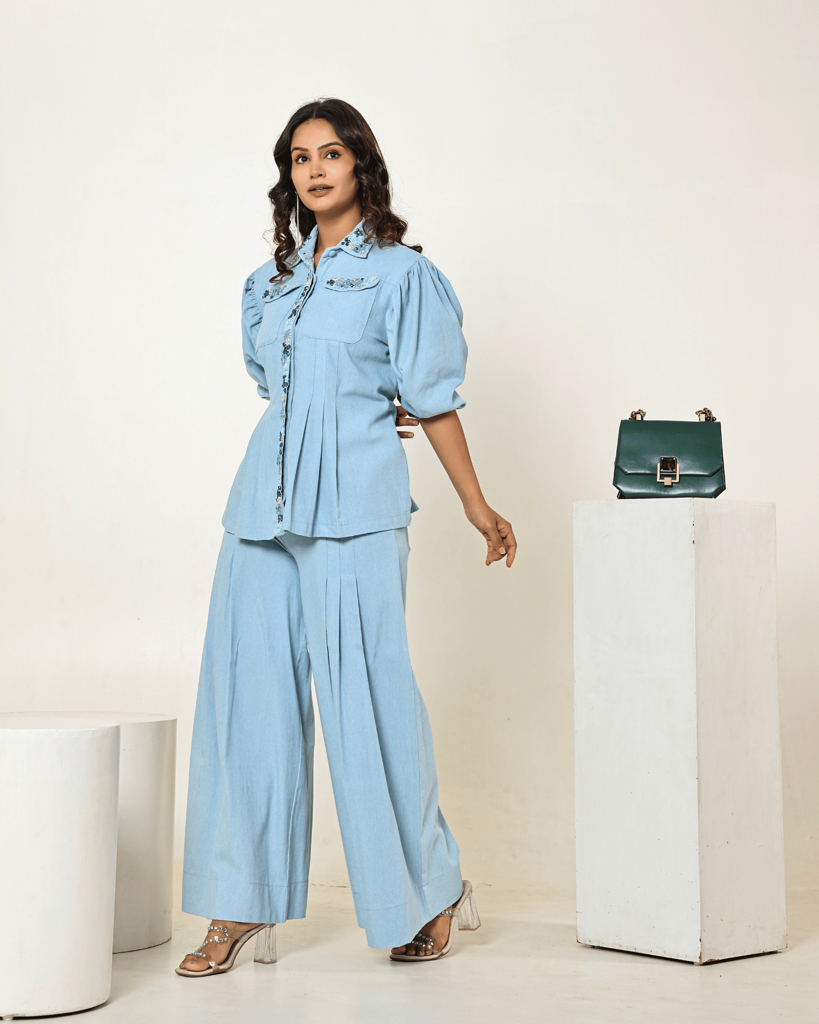 The Light Denim Waist Pleated Embellished Shirt with Pleated High-Waisted Pants