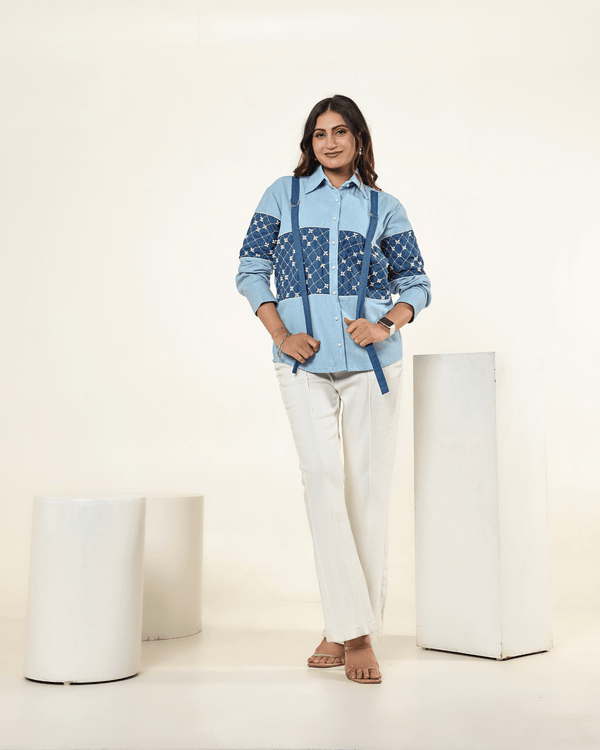 The Dark and Light Denim Colour Block Pearl Embellished Shirt