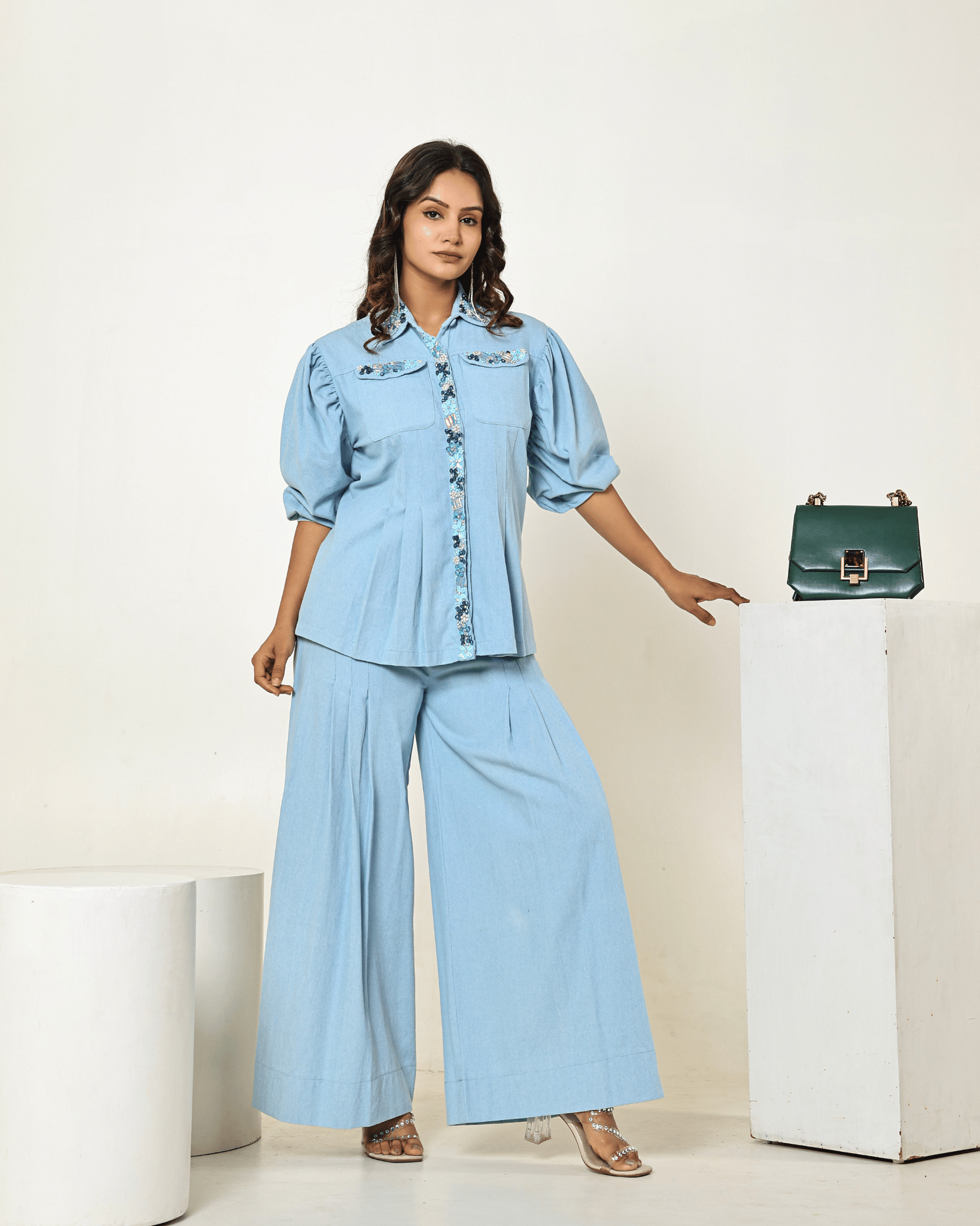 The Light Denim Waist Pleated Embellished Shirt with Pleated High-Waisted Pants