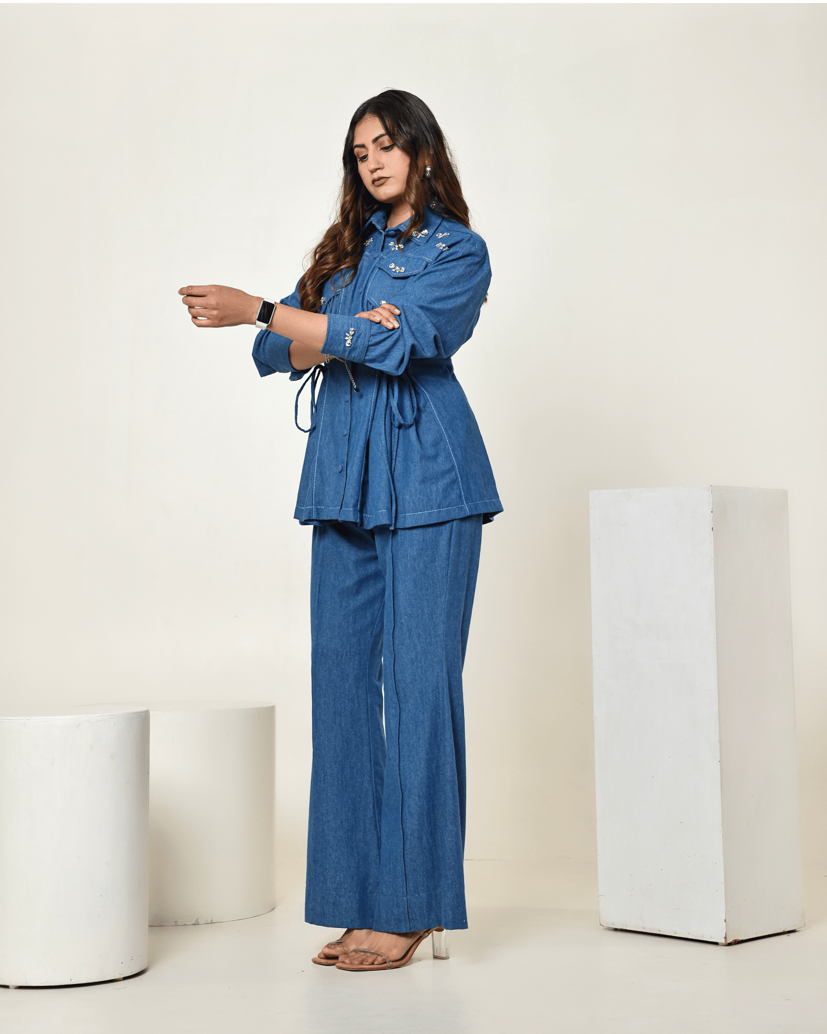 The Dark Denim Bow Embellished Tie Up Shirt with High Waisted Bell Bottom Pants