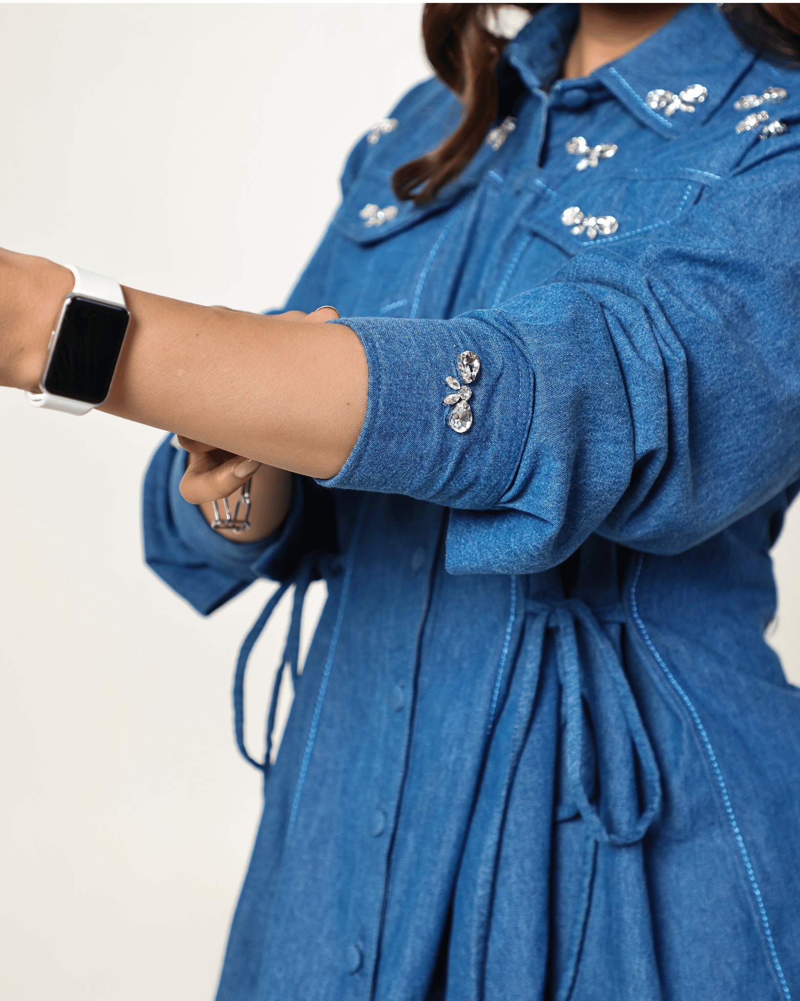 The Dark Denim Bow Embellished Tie Up Shirt with High Waisted Bell Bottom Pants