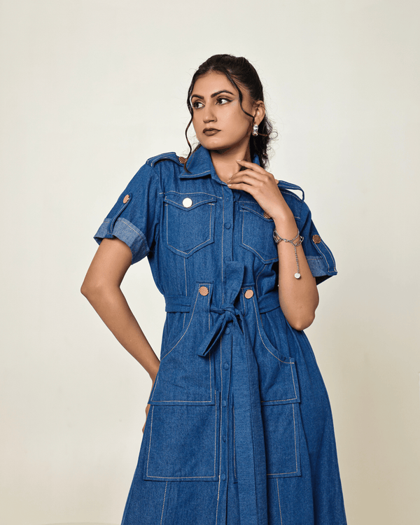 The Dark Blue Denim Button Down Shirt Midi Dress With Tie Up Belt