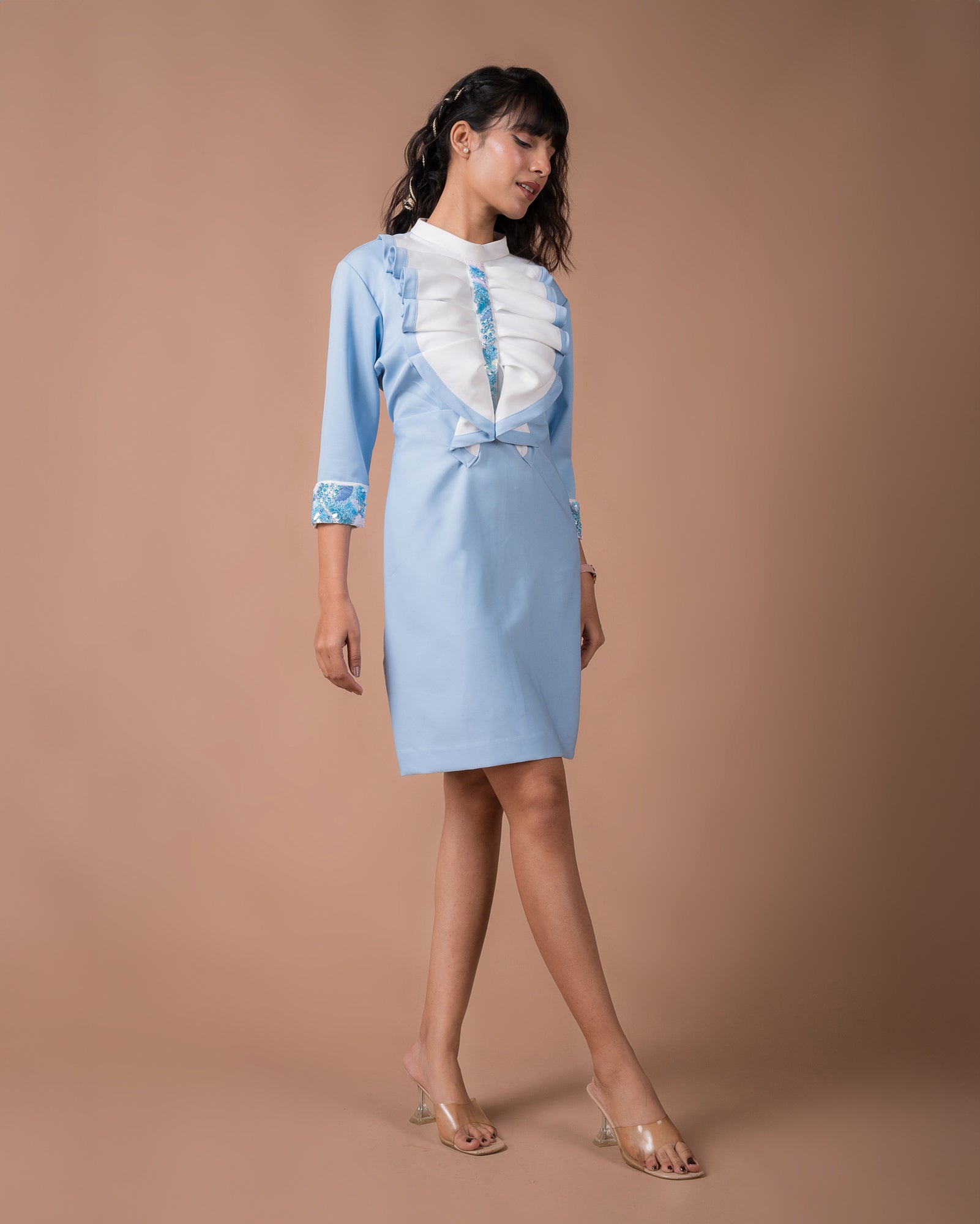 The White And Blue Pleated Mini Dress