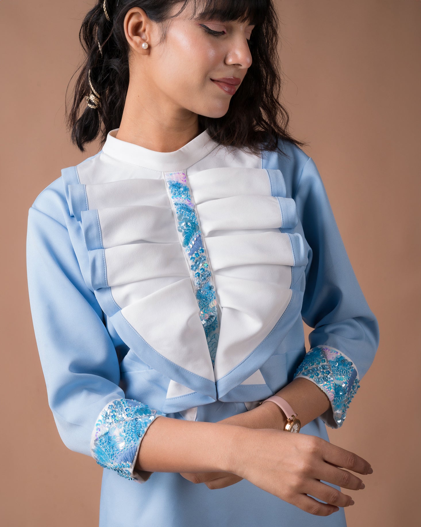 The White And Blue Pleated Mini Dress