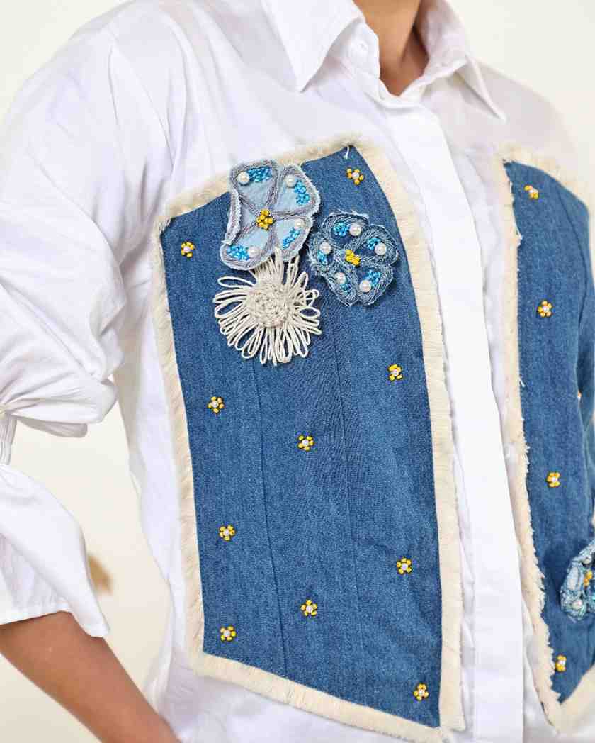 White Denim Panel Shirt